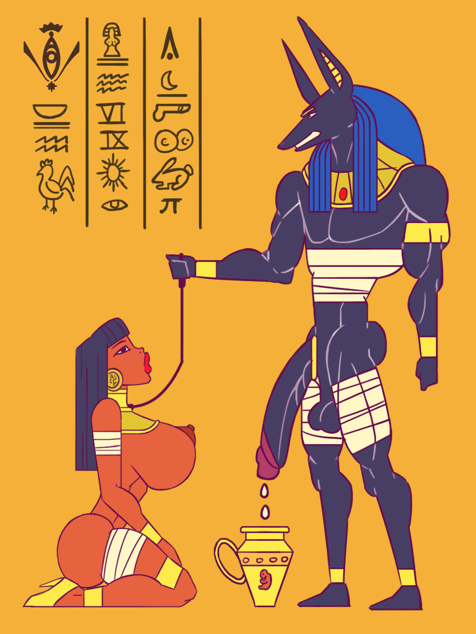 1boy 1girls anthro anubis big_ass big_penis bimbo black_skin breasts_bigger_than_head cum cum_jar dargoden dark-skinned_female dark_skin egyptian egyptian_mythology egyptian_wall_art female hieroglyphics hieroglyphs human humansub interspecies kneeling large_breasts leash male straight