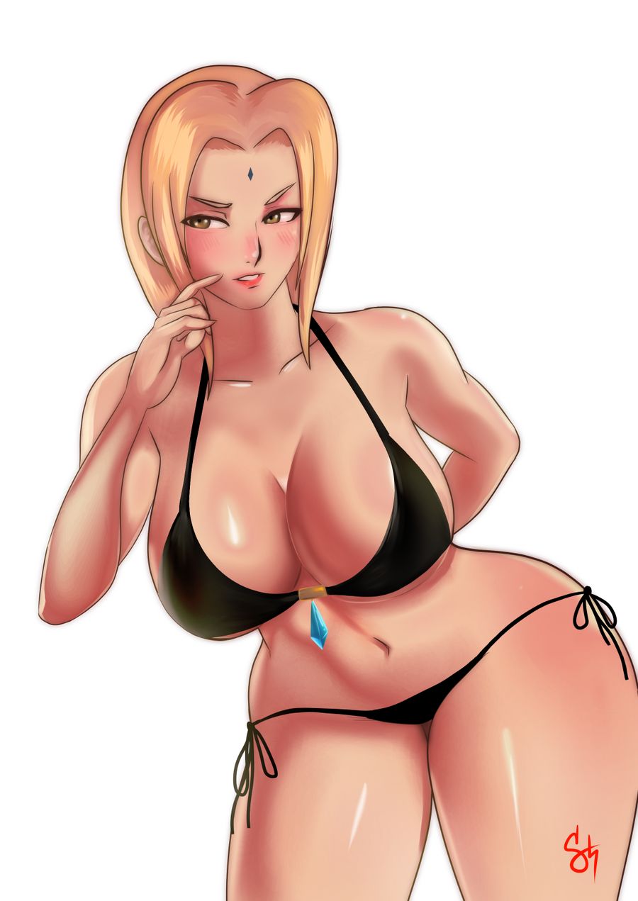 1girls, arm behind back, bent over, big breasts, bikini, blonde hair, blush, breasts, brown eyes, cleavage, facial mark, female, female only, forehead mark, jewelry, large breasts, lipstick, long hair, makeup, naruto, naruto (series), naruto shippuden, skullandt, standing, swimsuit, thick thighs, tsunade, wide hips