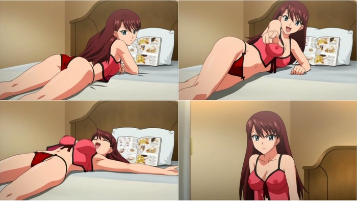 1girls agent_aika aika_r-16 bed bedroom breasts collage eri_shinkai female female_focus female_only hourglass_figure human indoors laughing light-skinned_female light_skin lingerie long_hair negligee nipples_visible_through_clothing on_back on_bed on_stomach panties pillow red_hair screencap smile transparent_clothing