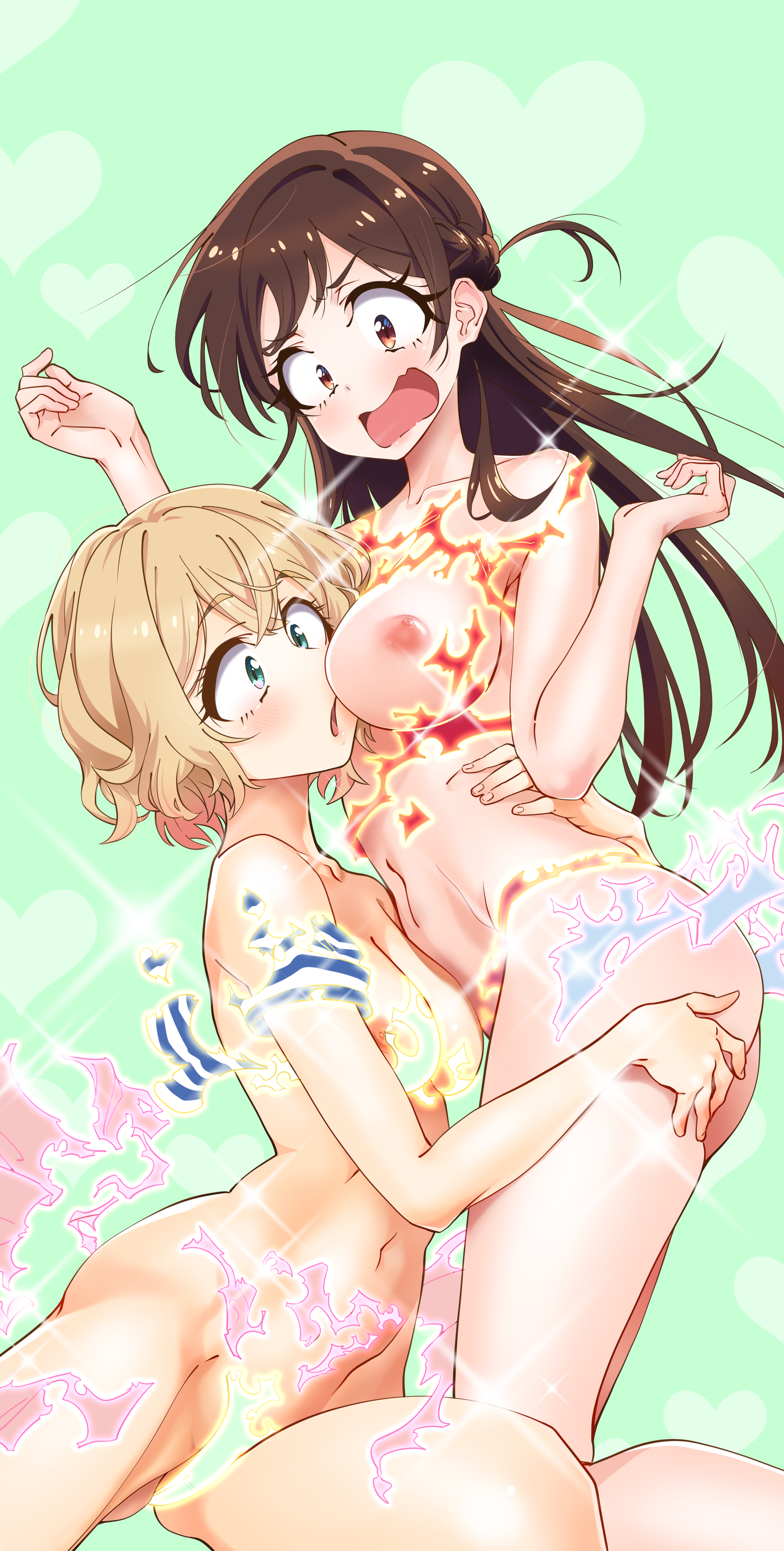 2girls, areolae, arm around waist, ass, bare breasts, blonde hair, blush, breast smother, breasts, brown eyes, brown hair, completely nude, female, female only, green eyes, hand on another's ass, hand on ass, high resolution, kanojo okarishimasu, long hair, mizuhara chizuru, multiple females, multiple girls, nanami mami, navel, nipples, nude, open mouth, pp bj, shocked expression, short hair, surprised, torn clothes, very high resolution, yuri