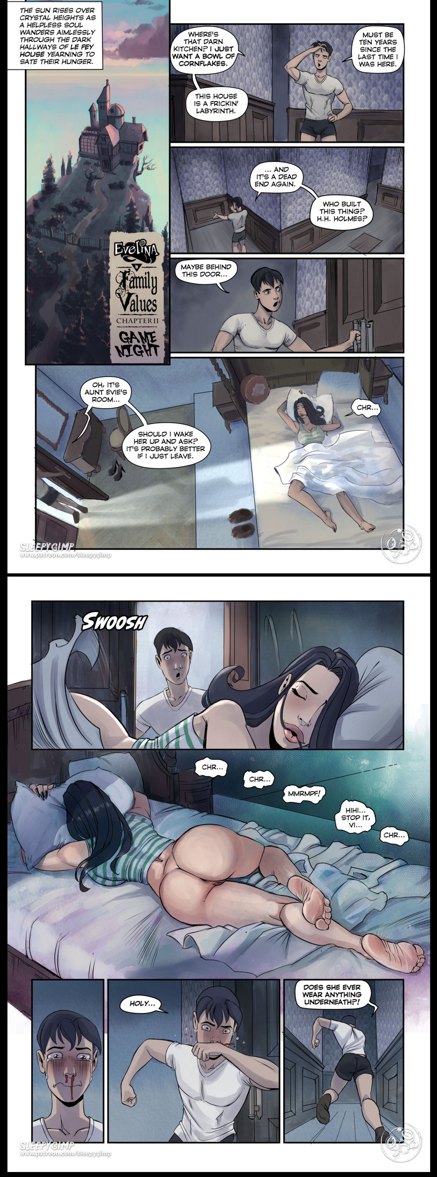 1boy, 1girls, anus, aroused, ass, aunt, aunt and nephew, bed, big ass, black hair, blush, bottomless, closed eyes, comic, comic page, dialogue, english text, evelina le fey, exposed ass, family, female, green eyes, horny, incest, large lips, light skin, light-skinned female, long hair, male, mansion, milf, nephew, nosebleed, older female, older female and younger male, original character, pillow, pussy, sleeping, sleepygimp, soles, tearing up, temptation, text, walk-in
