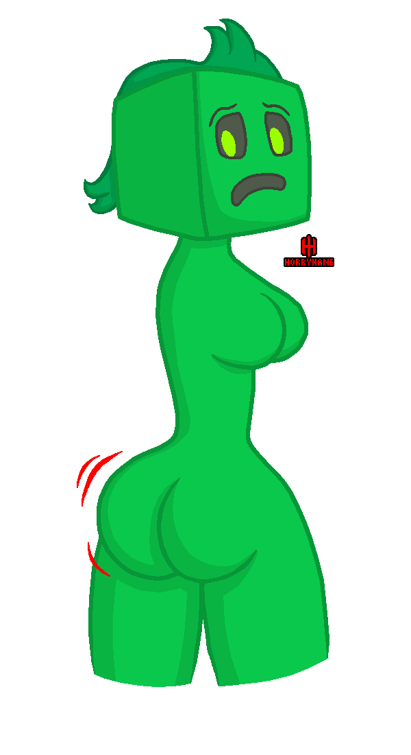 1girls alternate_hairstyle artist_logo artist_name ass ass_focus creeper female green_eyes green_hair green_skin horryhane jiggle looking_down minecraft no_bra no_hands no_nipples no_nose thick_thighs