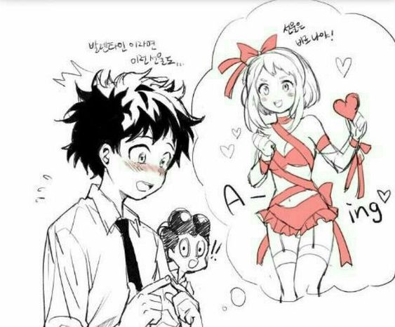 1boy, 1girls, barely clothed, birthday, blush, clothed, clothed male, cute, daydream, dohae, female, heart, izuku midoriya, japanese text, male, my hero academia, ochako uraraka, ribbon, ribbons, romantic, wholesome