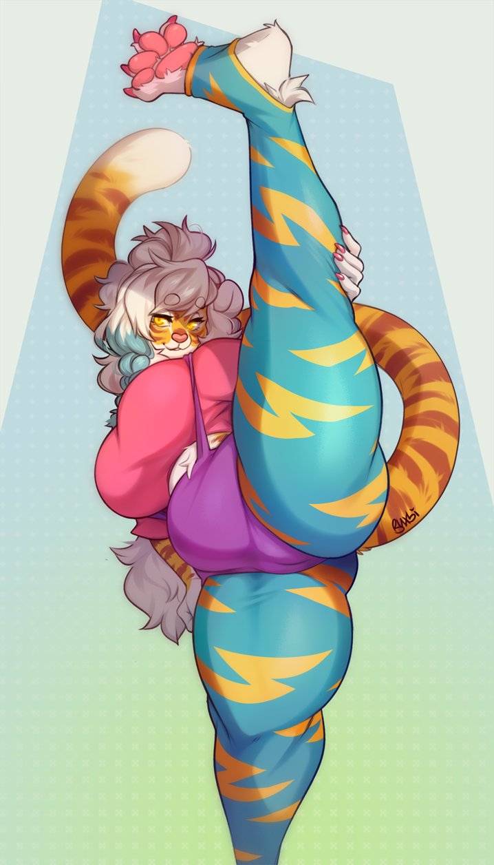 1girls, amber eyes, animal ears, anthro, black stripes, braid, buxbi, buxbi (character), clothing, countershading, curvaceous, curvy, feline, female, female only, feral, fur, furry, leg up, messy hair, original, original character, pawpads, pink nose, solo, solo female, splits, striped fur, tail, thick thighs, tied hair, tiger, tiger girl, vertical splits, white fur, white hair, wide hips, yellow fur
