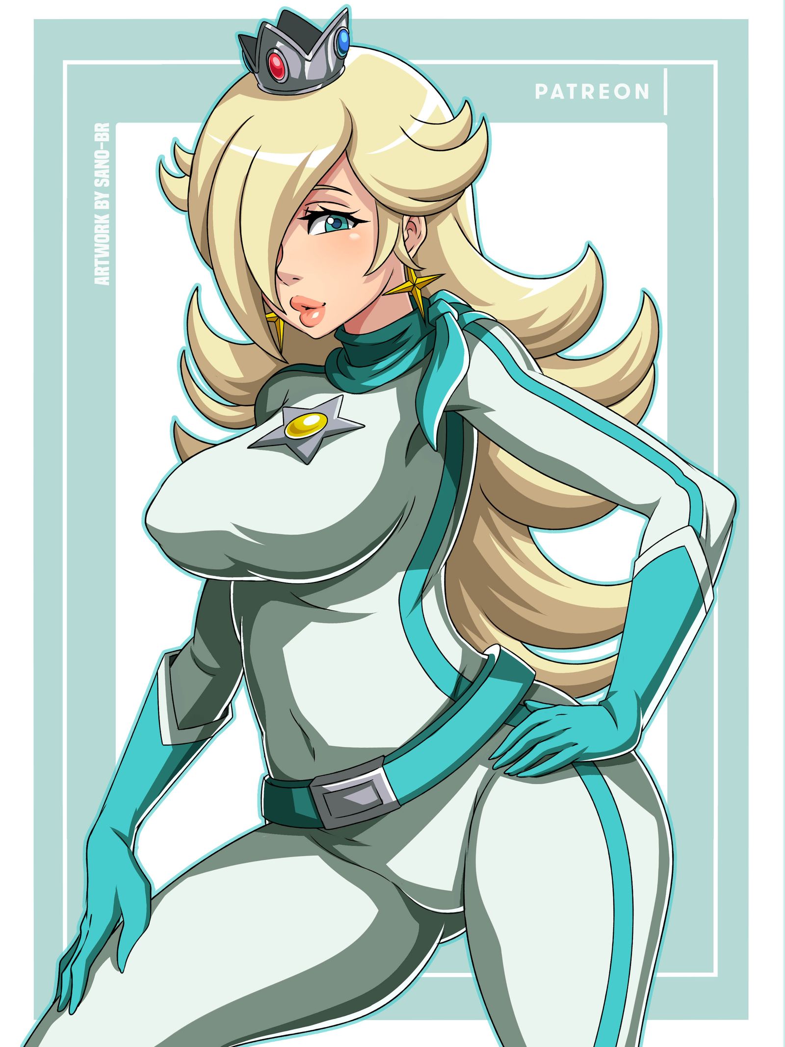 1girls, 5 fingers, aqua eyes, big breasts, bike outfit (mario kart), blonde hair, blue bodysuit, blue scarf, bodysuit, breasts, busty, clothed, crown, earrings, female, female only, fully clothed, gloves, hair over one eye, hand on hip, human, lips, long hair, looking at viewer, mario (series), mario kart, nintendo, princess rosalina, princess rosalina (aero), sano-br, scarf, solo, standing, star earrings