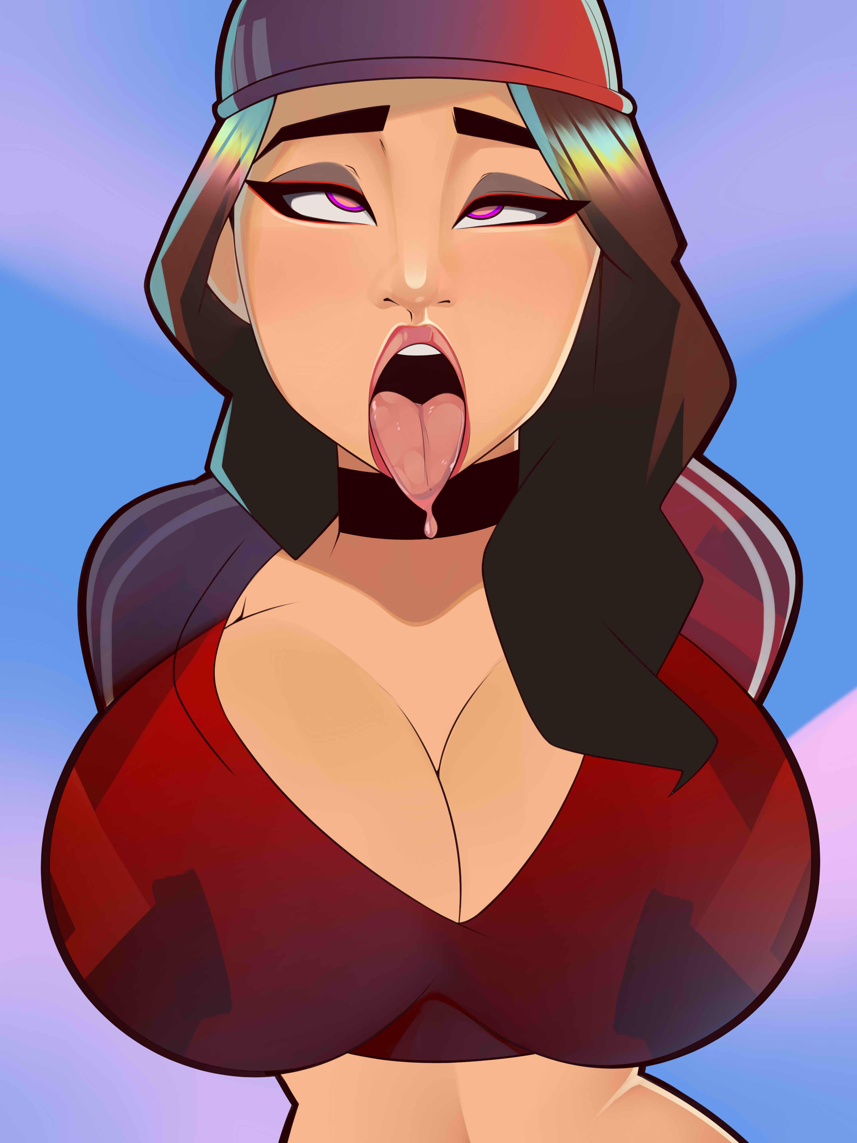 1girls, ahe gao, arms behind back, big breasts, breast expansion, breast growth, breast growth (enlargement), breasts, brown eyes, brown hair, cap, choker, cleavage, cleavage cutout, clothed, drooling, epic games, female, female focus, female only, fortnite, hat, hi res, huge breasts, large breasts, light skin, light-skinned female, long hair, midriff, multicolored background, narrowed eyes, open mouth, petite, pink eyes, postblue98, red lipstick, ruby (fortnite), saliva, saliva on tongue, seductive mouth, simple background, solo, solo female, solo focus, throat, tongue, tongue out