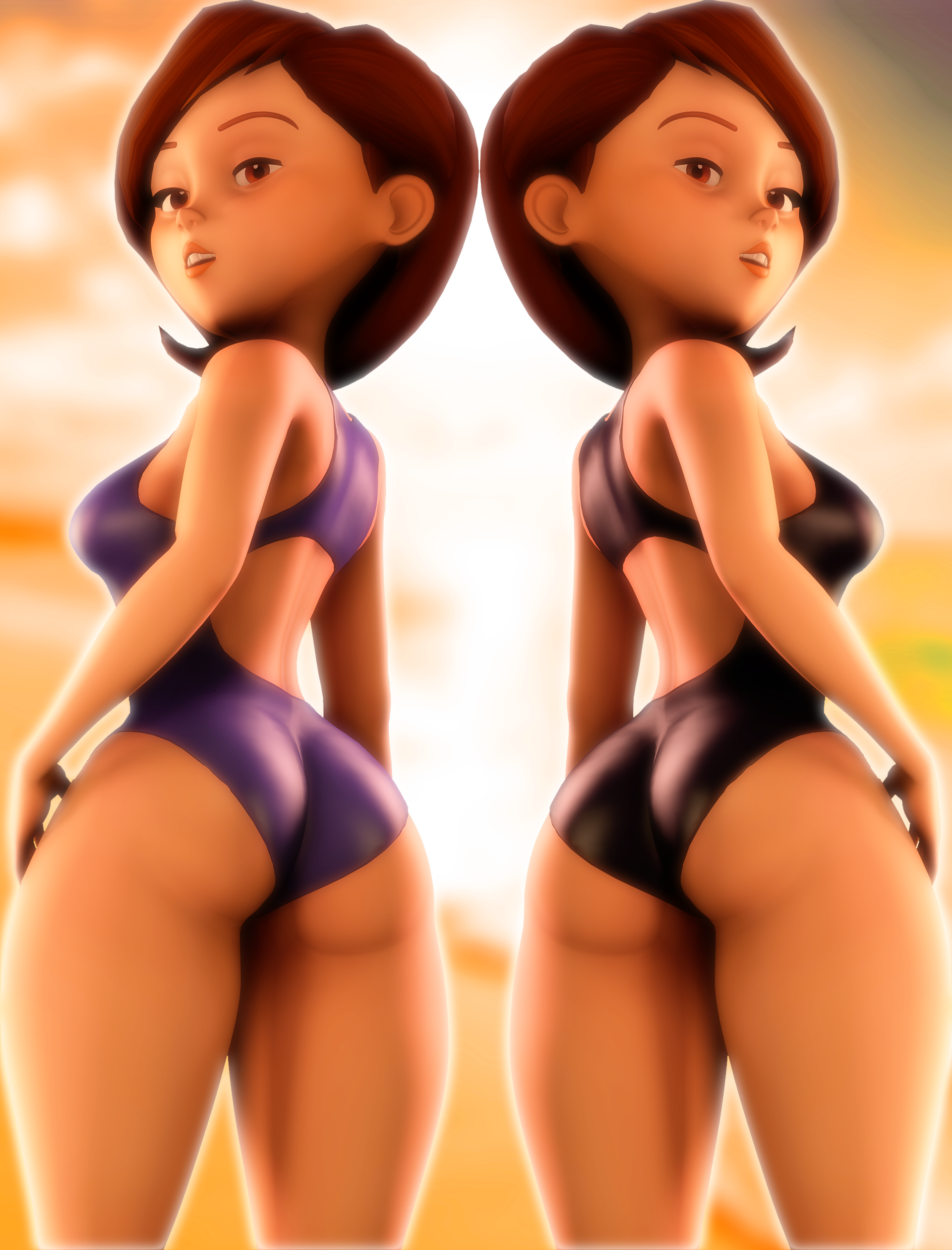 1girls, 3d, absurdres, ass, back view, big ass, blurry background, breasts, brown eyes, brown hair, clone, clothed, clothes, cowboy shot, curvy, disney, drakepowers, duo, female, female only, half-closed eyes, helen parr, highres, huge ass, human, large breasts, looking back, milf, one-piece swimsuit, open mouth, pixar, shirt, short hair, sideboob, smooth skin, solo, source filmmaker, swimsuit, swimwear, the incredibles, thick thighs, tight clothes, tight pants, wide hips