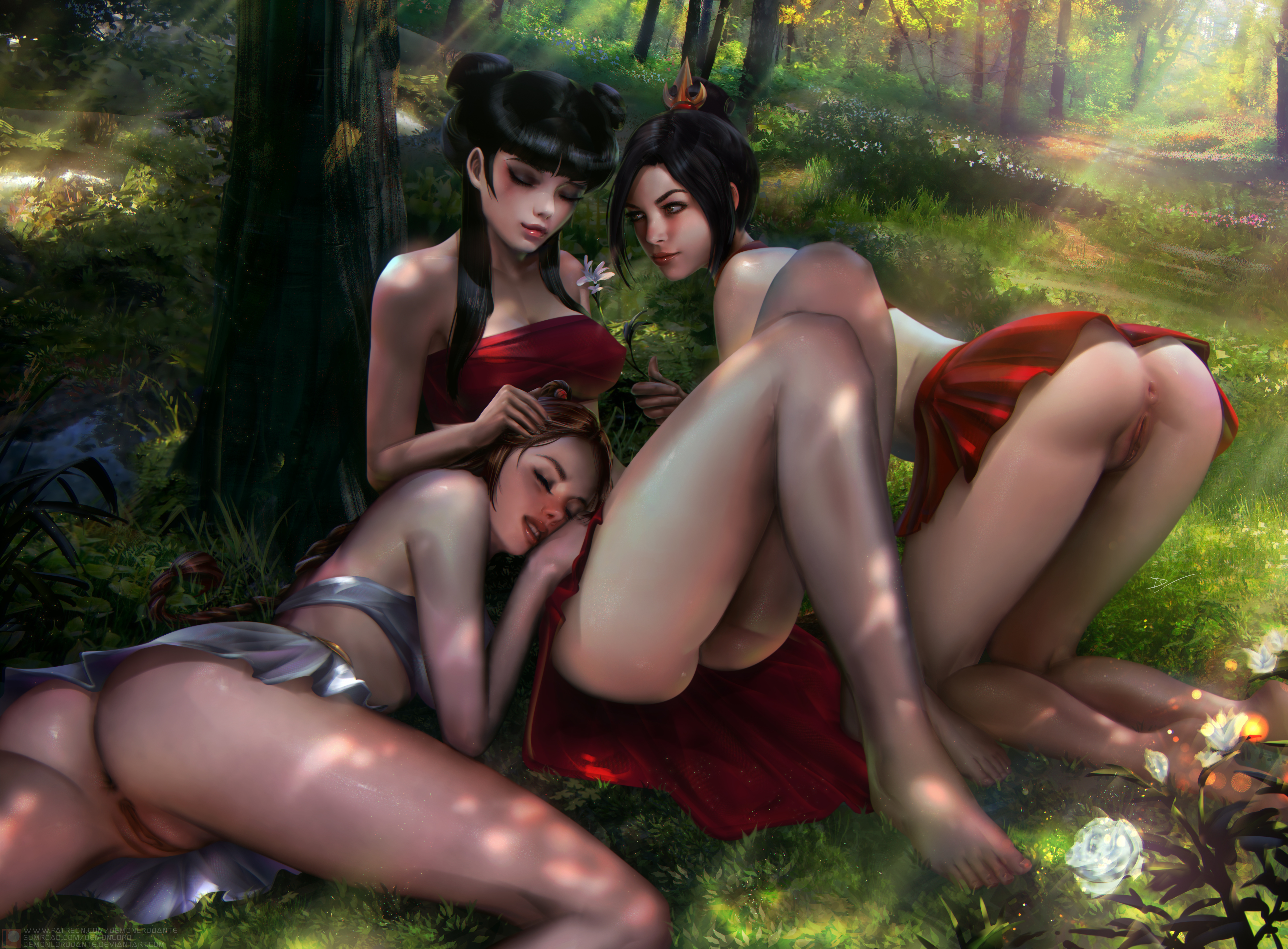 3girls, all fours, anus, ass, asshole, avatar the last airbender, azula, bangs, barefoot, black hair, breasts, bubble ass, bubble butt, clothing, cuddling, demonlorddante, erect nipples, erect nipples under clothes, eyeliner, female, female only, fire nation, large breasts, lesbian, long legs, mai (avatar), medium breasts, miniskirt, nickelodeon, nipples, no panties, pussy, pussy lips, realistic, skirt, straight hair, ty lee, vagina, yuri