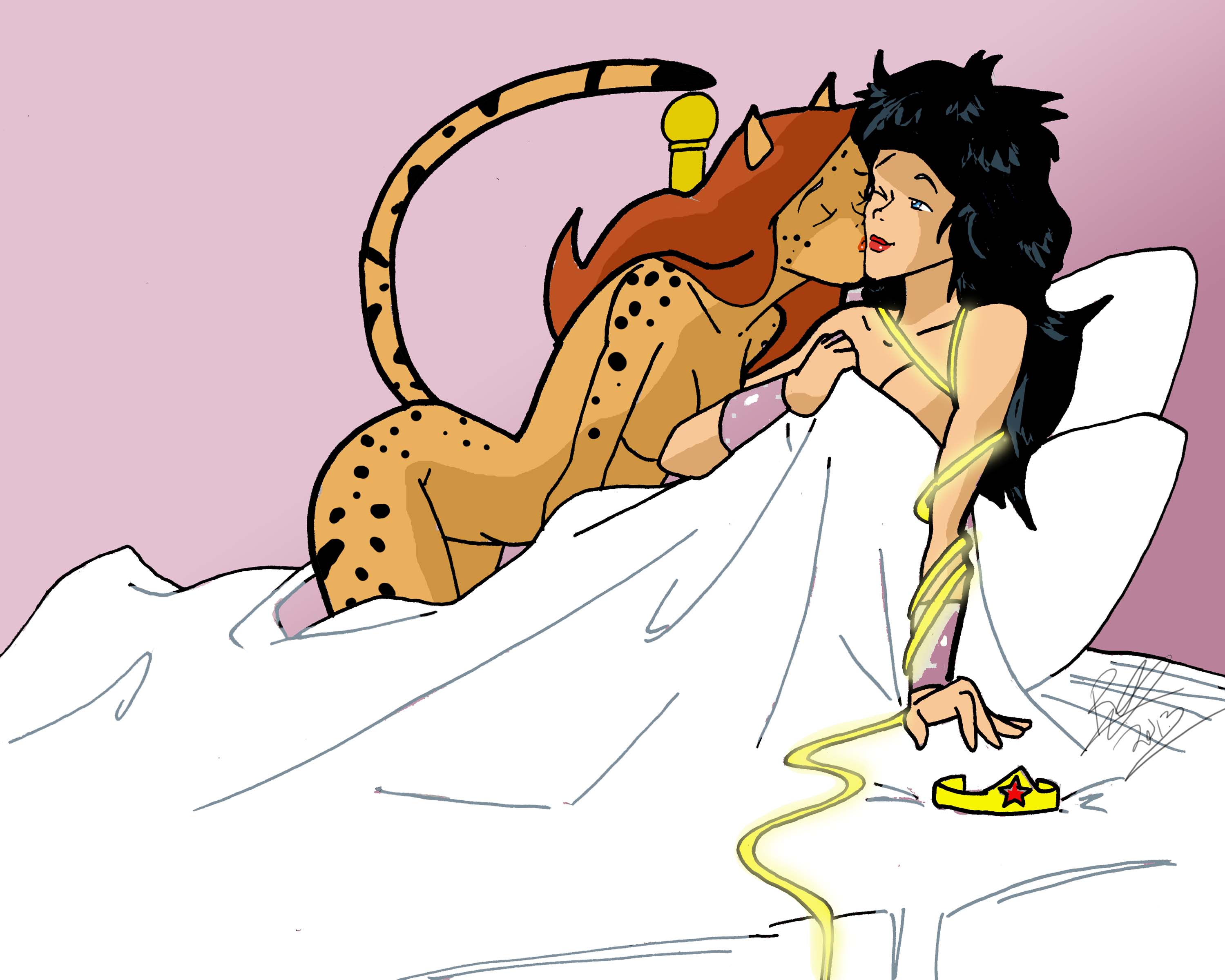 2girls, black hair, cheetah (dc), dc, dc comics, enemies, enemies to lovers, female, female only, female/female, human on anthro, inspector97, kissing, multiple females, multiple girls, on bed, red hair, wonder woman, wonder woman (series), yuri