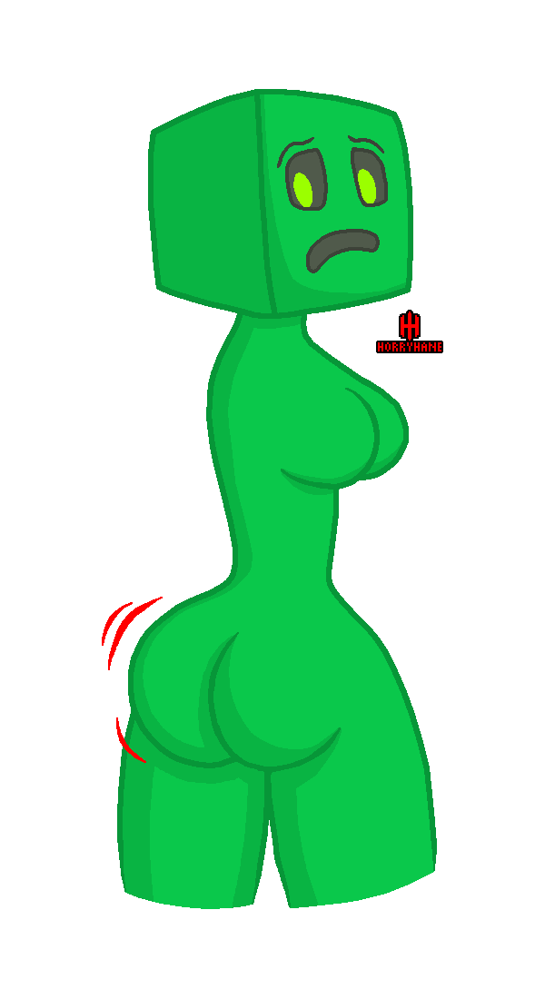 1girls alternate_hairstyle artist_logo artist_name ass ass_focus creeper female green_eyes green_skin horryhane jiggle looking_down minecraft no_bra no_hands no_nipples no_nose thick_thighs