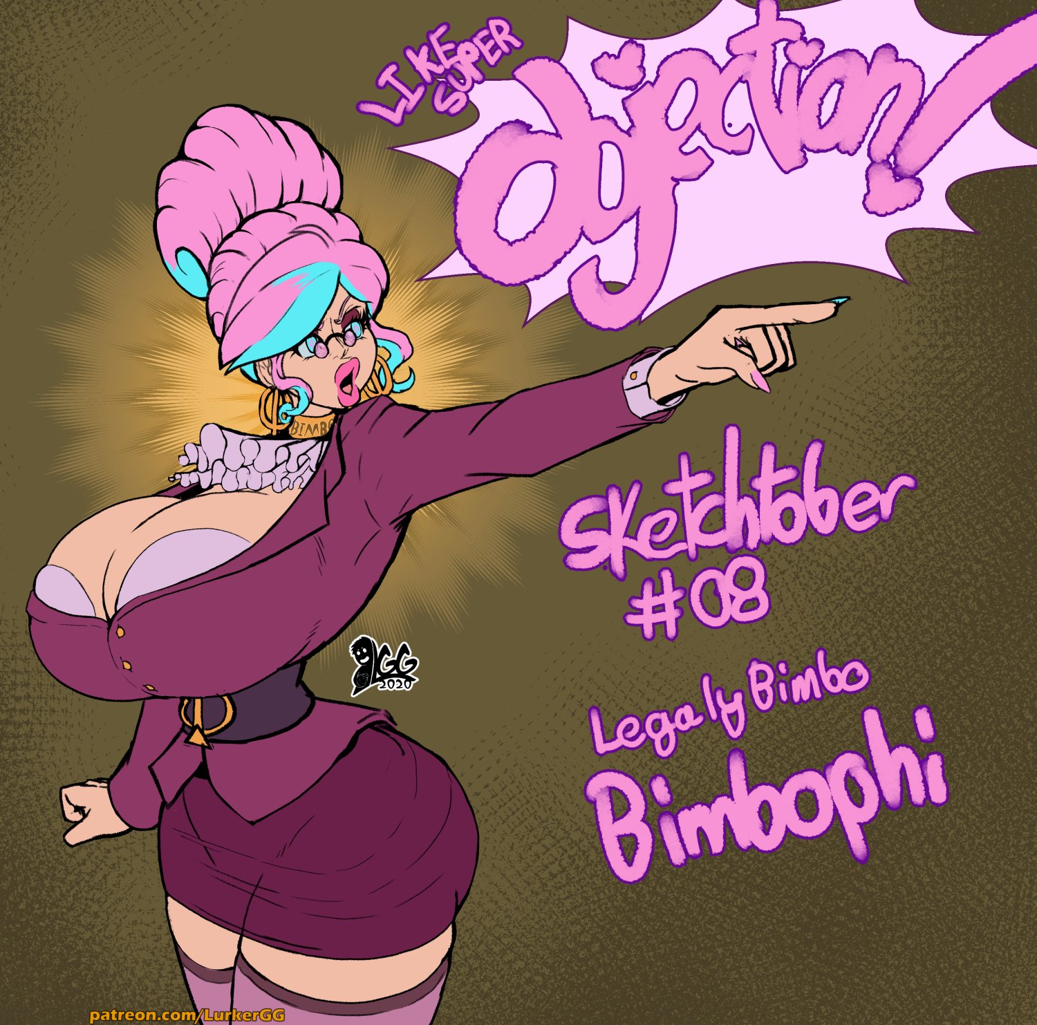 big breasts, bimbo, breasts, cyan hair, english text, female, lurkergg, multicolored hair, pink hair, short skirt, wide hips