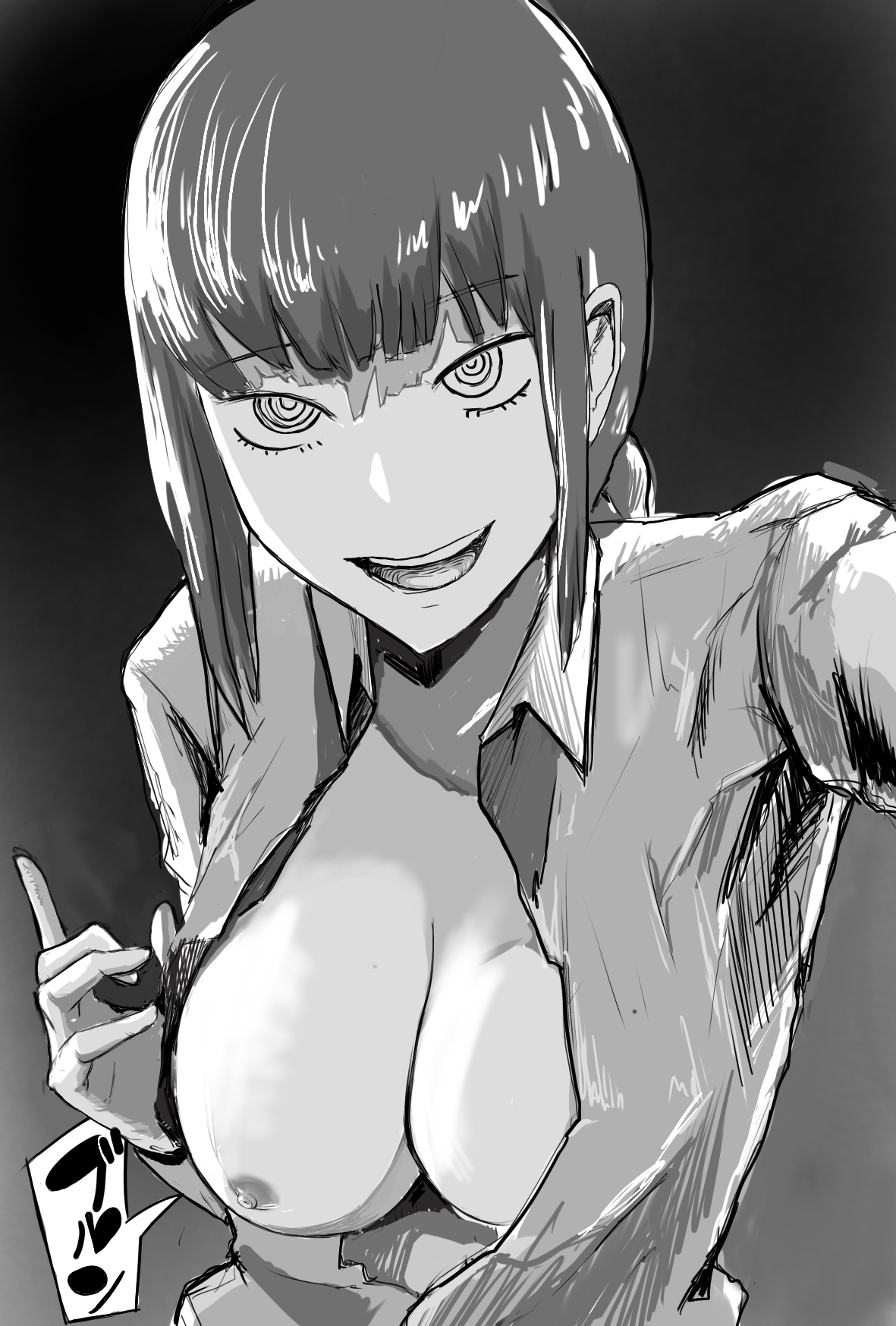 1girls, 2d, areola, areolae, arm up, black and white, breasts, breasts out, chainsaw man, cleavage, clothing pull, eyebrows raised, eyebrows visible through hair, female, flashing, large breasts, light skin, light-skinned female, long hair, looking at viewer, makima (chainsaw man), nipple, nipples, no bra, office lady, one breast out, open mouth, open shirt, presenting, seitai noizu, selfie, shirt pull, small areolae, smile, solo, swirly eyes, teasing, teeth, tongue, unusual anatomy, unusual eyes, unusual pupils