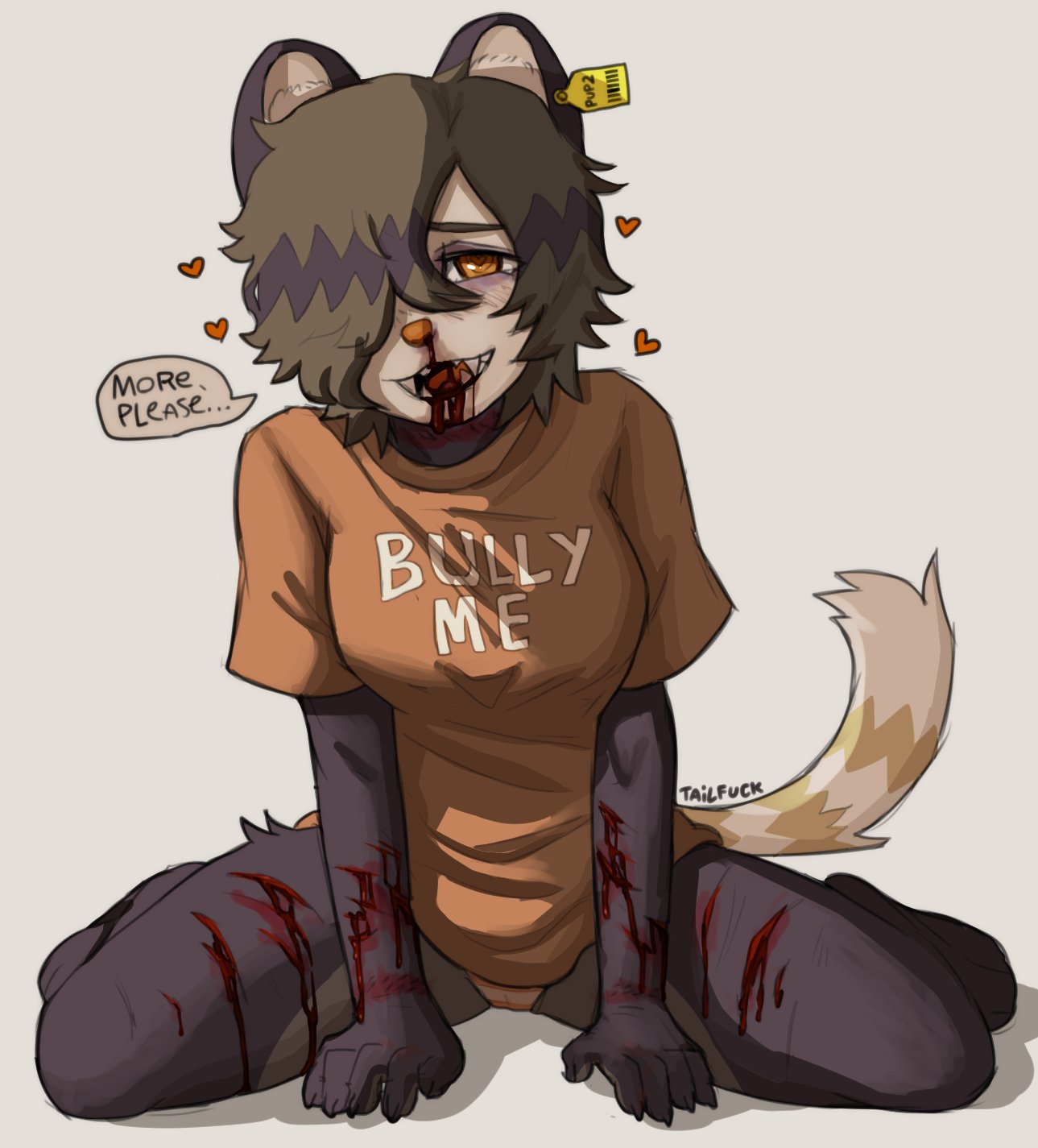 <3_eyes 1anthro 1girls 5_fingers anthro begging bleeding blood bodily_fluids bottomwear breasts bruised clothed clothing consensual dasyurid dasyuromorph ear_tag english_text female female_masochism fingers flan_(puppyemonade) fluffy fluffy_tail gore guro happy_sub heart hi_res kneeling looking_at_viewer looking_pleasured mammal marsupial masochism masochist masochistic_female on_ground one_eye_obstructed open_mouth orange_clothing orange_eyes orange_nose orange_shirt orange_t-shirt orange_topwear pain panties partially_clothed pattern_bottomwear pattern_clothing pattern_panties pattern_underwear puppyemonade rope_burn shirt simple_background sitting skimpy solo speech_bubble spread_legs spreading striped_bottomwear striped_clothing striped_panties striped_underwear stripes t-shirt tailfuck_(meltymiilk) tasmanian_devil teeth text text_on_clothing text_on_shirt text_on_topwear topwear torture underwear white_background wounded