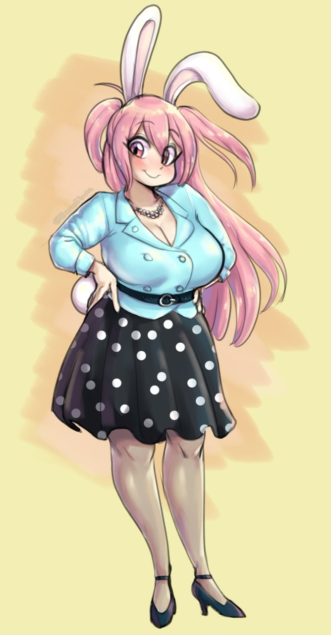 belt big_breasts blush bonznsfw busty cute female female_only fluffy_tail hands_on_hips high_heels light-skinned_female light_skin long_ears long_hair mammal necklace pink_eyes pink_hair polka_dot_skirt rabbit_ears rabbit_humanoid rabbit_tail skirt smile stockings twintails wide_hips