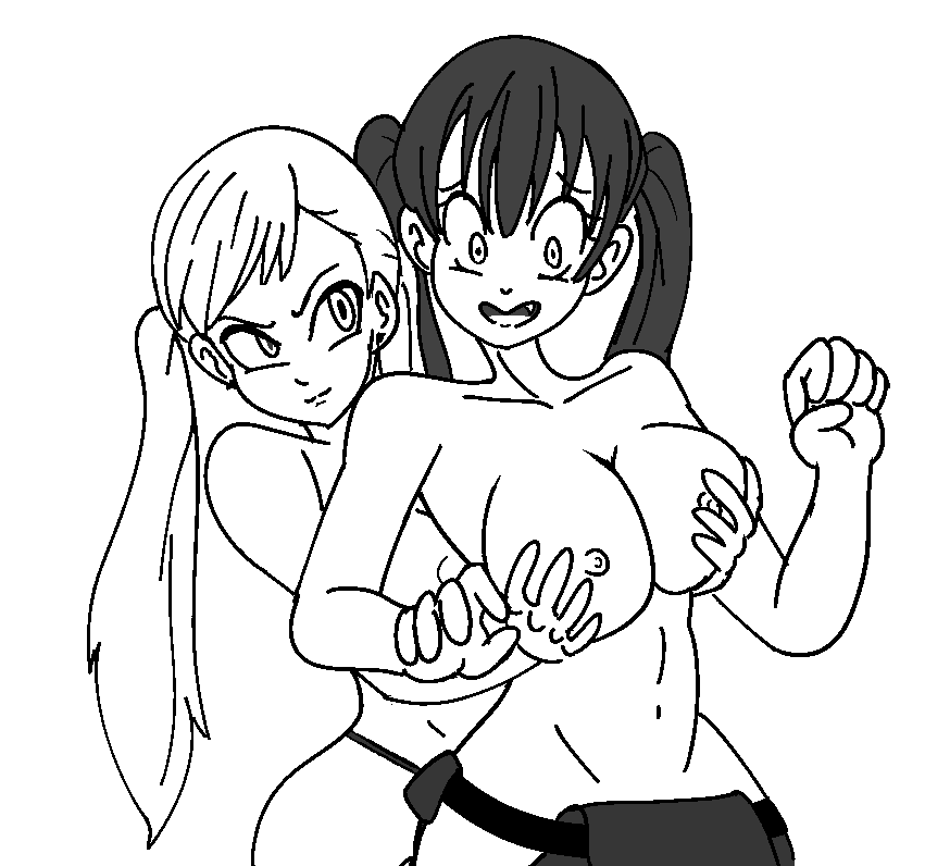 2girls arms_up black_clover black_hair black_panties breast_grab breast_squeeze breasts crossover dark_profbyl enen_no_shouboutai fire_force hourglass_figure kotatsu_tamaki large_breasts long_hair looking_down looking_up nipples noelle_silva nude panties sketch smile smug surprised twintails white_hair