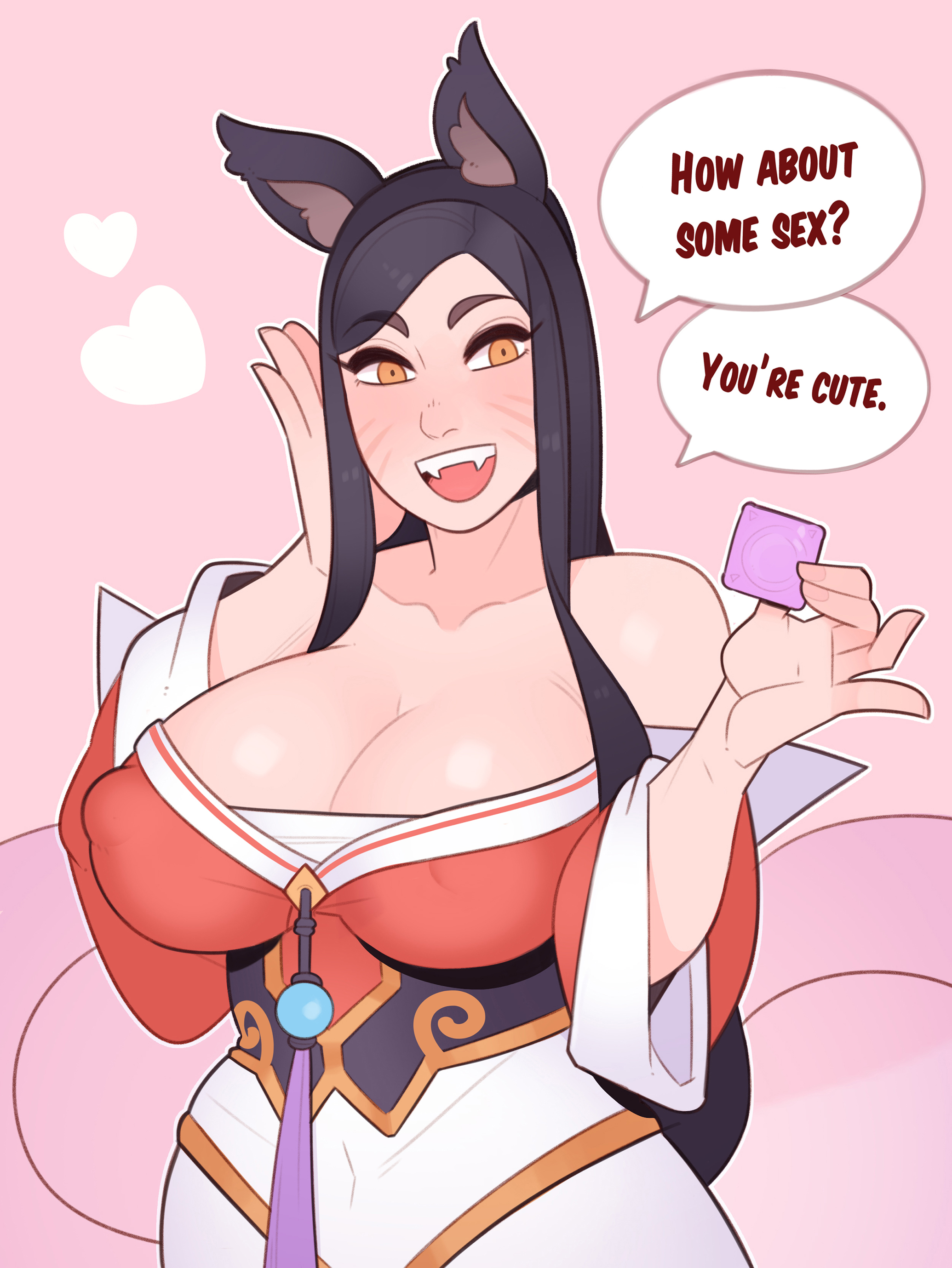 2020, ahri, assertive, big breasts, breasts, cleavage, condom, cute, female, female only, large breasts, league of legends, riot games, solo, speech bubble, splashbrush, straightfoward, text, well that was easy