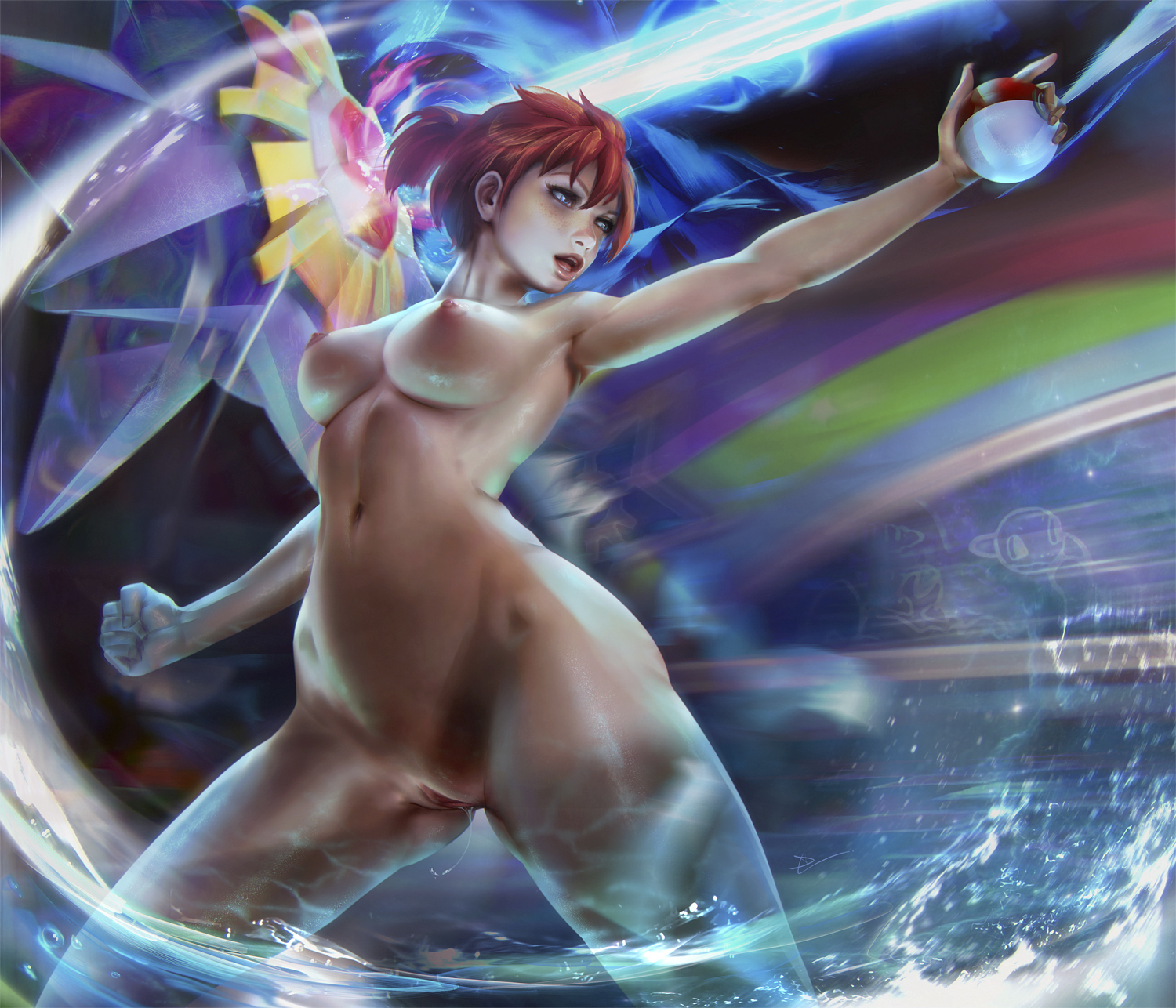 areolae, breasts, clitoris, demonlorddante, dripping cum, dripping pussy, female, kasumi (pokemon), misty (pokemon), naked, nipples, nude, nude female, pokeball, pokemon, pussy, pussy lips, realistic, red hair, shaved pussy, vagina, wet pussy
