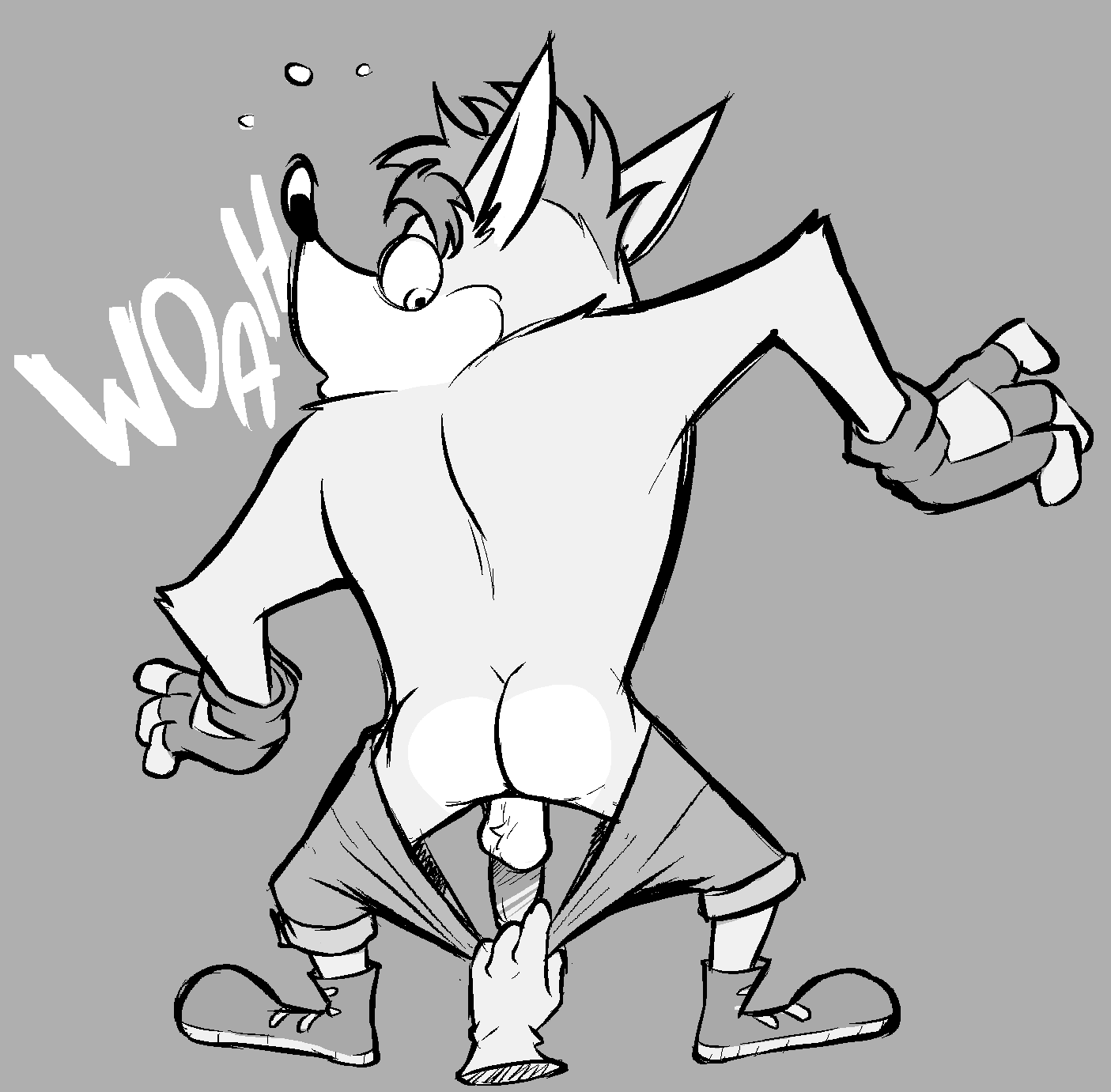 activision anthro ass balls bandicoot butt clothed clothing crash_(series) crash_bandicoot disembodied_hand fingerless_gloves flaccid flaccid_penis footwear genitals gloves handwear hanging_balls hi_res looking_back male male_focus male_only mammal marsupial monochrome pants_down pants_pulled_down partially_clothed penis shoes shorts shorts_pull solo solo_male surprise torquewintress video_games woah