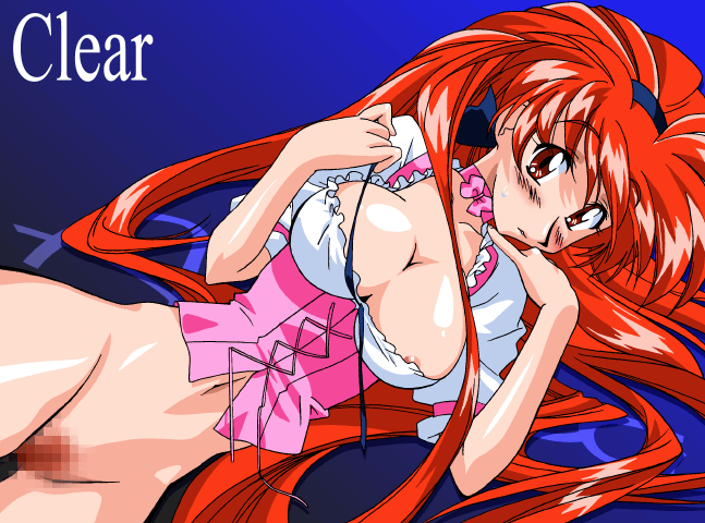 1girls 90s akira_(viper) anna_miller areola_slip areolae bare_arms blue_background blush bottomless bow breasts censored choker cleavage clothing corset eyebrows_visible_through_hair female female_only frills game_cg gradient_background hair_ribbon large_breasts long_hair long_ponytail looking_at_viewer lying matching_hair/eyes navel official_art on_back pink_clothing ponytail pubic_hair pussy red_eyes red_hair ribbon ribbon_choker shadow simple_background sogna solo sweat teeth text thighs tied_hair undressing uniform untied very_long_hair viper_(series) viper_island waitress white_clothing