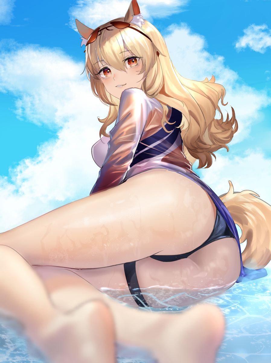 1girls, animal ear fluff, animal ears, arknights, ass, ass focus, back view, big ass, big breasts, big butt, black panties, blonde hair, breasts, bubble ass, bubble butt, busty, butt focus, clouds, curvaceous, curvy, cute, feet, female, female only, fluffy ears, fluffy tail, hair between eyes, hi res, horse ears, horse girl, horse tail, huge ass, huge breasts, huge butt, in water, large breasts, long hair, long sleeves, looking at viewer, looking back, naughty smile, nearl (arknights), no sex, orange eyes, rear view, round ass, round butt, seductive, seductive gaze, seductive look, seductive pose, seductive smile, sideboob, sky, smile, smirk, solo, solo female, sunglasses, sunglasses on head, swimsuit, thick ass, thick legs, thick thighs, thighs, voluptuous, water, wet, wet skin