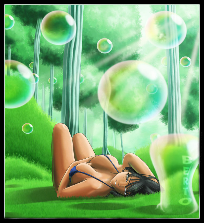 1girls artist_request bent_over bikini black_hair bra cleavage curvy female female_only grass huge_breasts large_breasts looking_at_viewer nico_robin one_piece posing sabaody_archipelago smile solo voluptuous