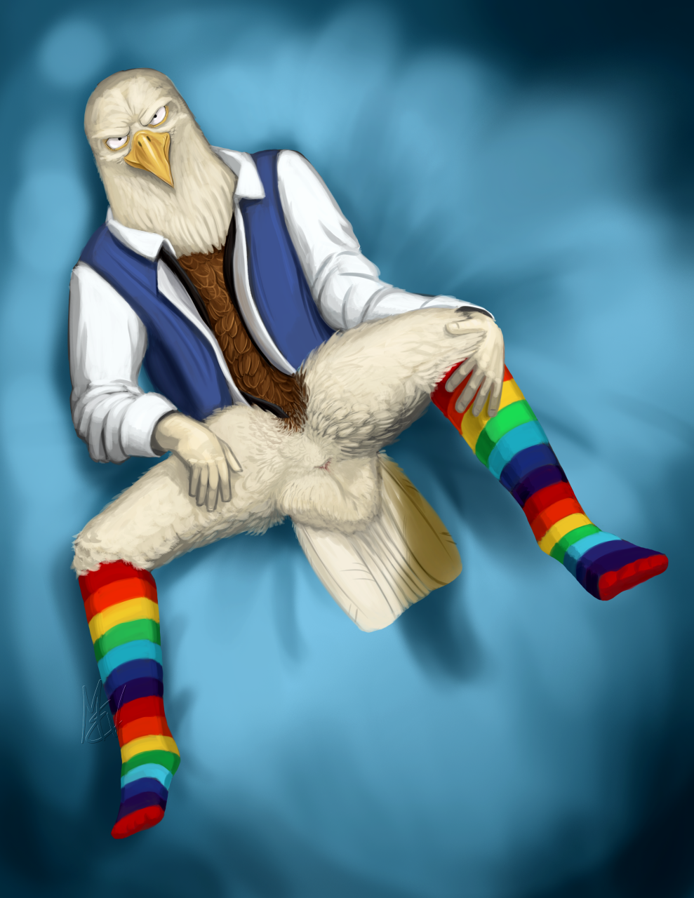 2020 accipitrid accipitriform animal_genitalia anthro aoba_(beastars) avian bald_eagle beastars bird bird's-eye_view bottomless cloaca clothed clothing eagle feathers footwear full-length_portrait genitals hi_res high-angle_view jacket legwear looking_at_viewer lying male moisteaglevent multicolored_clothing multicolored_legwear multicolored_socks naughty_face on_back open_clothing open_jacket open_topwear portrait rainbow_clothing rainbow_legwear rainbow_socks sea_eagle socks solo solo_male spread_legs spreading topwear white_body white_feathers