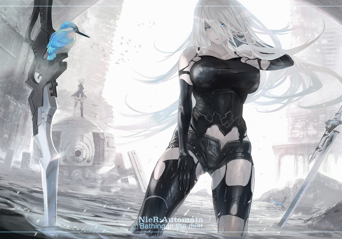 2girls, android, big breasts, bird, black clothing, blade, blue eyes, breasts, clothed, clothed female, clothing, elbow gloves, female, female focus, hourglass figure, japanese, katana, long hair, maeshima shigeki, nier: automata, nipples visible through clothing, stockings, sword, thighhighs, tight clothing, wet clothes, wet skin, white hair, yorha 2b, yorha a2