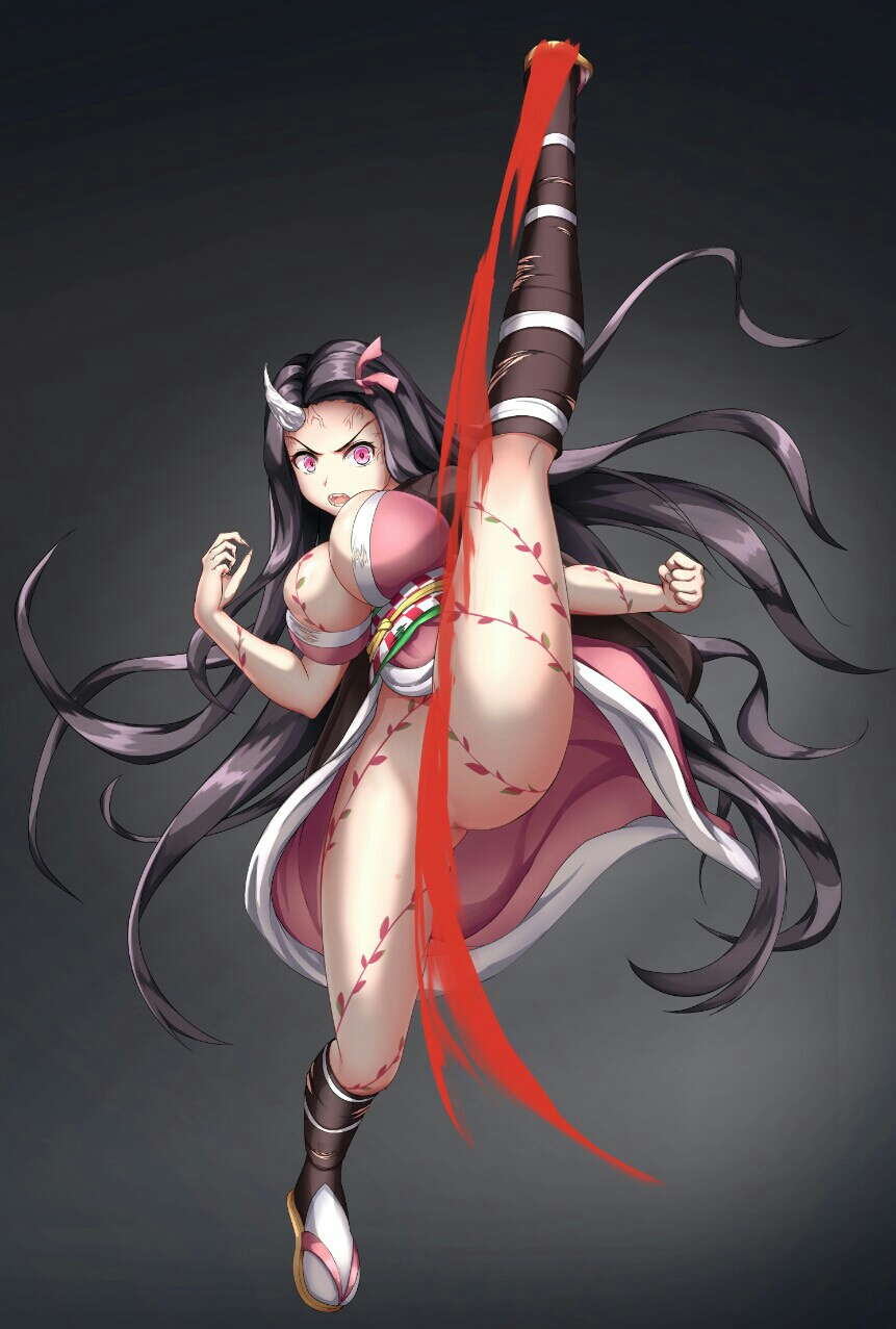 action_pose alternate_breast_size big_breasts black_hair blood body_markings bursting_breasts cleavage convenient_censoring dark_hair demon_girl demon_slayer fangs female female_only footwear full_body hair_ribbon high_kick horn kamado_nezuko kimetsu_no_yaiba kimono legwear long_hair nezuko_(demon_form) no_panties open_kimono pink_eyes ripped_clothing solo torn_clothes very_long_hair