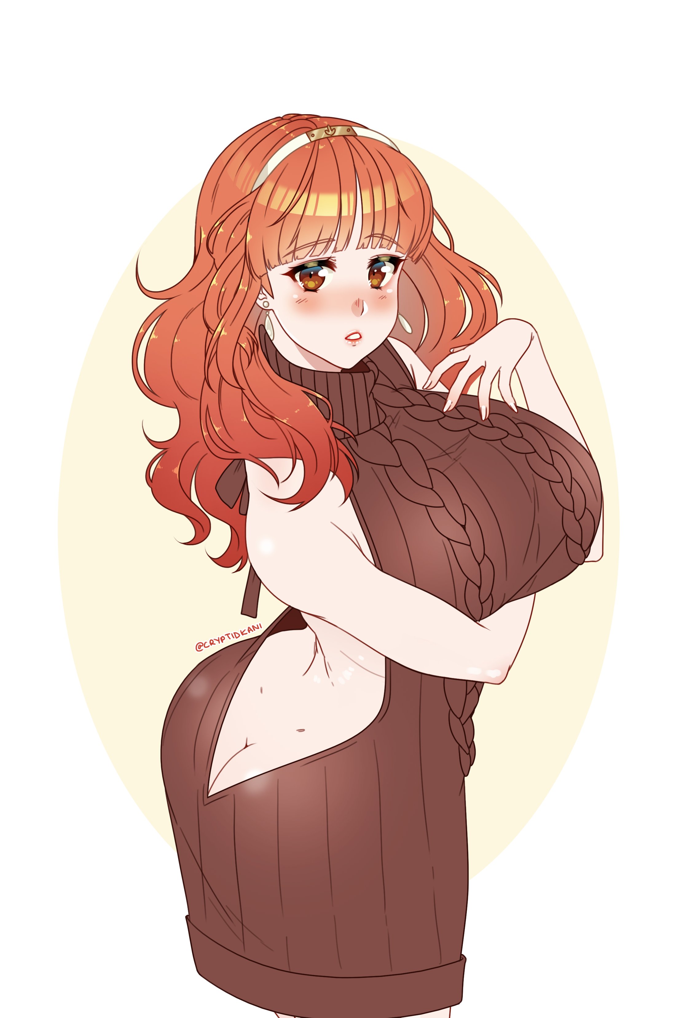 1girls, ass, ass cleavage, ass crack, big ass, big breasts, blush, breasts, butt crack, celica (fire emblem), cryptid crab, female, fire emblem, fire emblem echoes: shadows of valentia, fire emblem gaiden, huge breasts, large ass, large breasts, looking at viewer, milf, nintendo, orange eyes, orange hair, sweater, virgin killer sweater