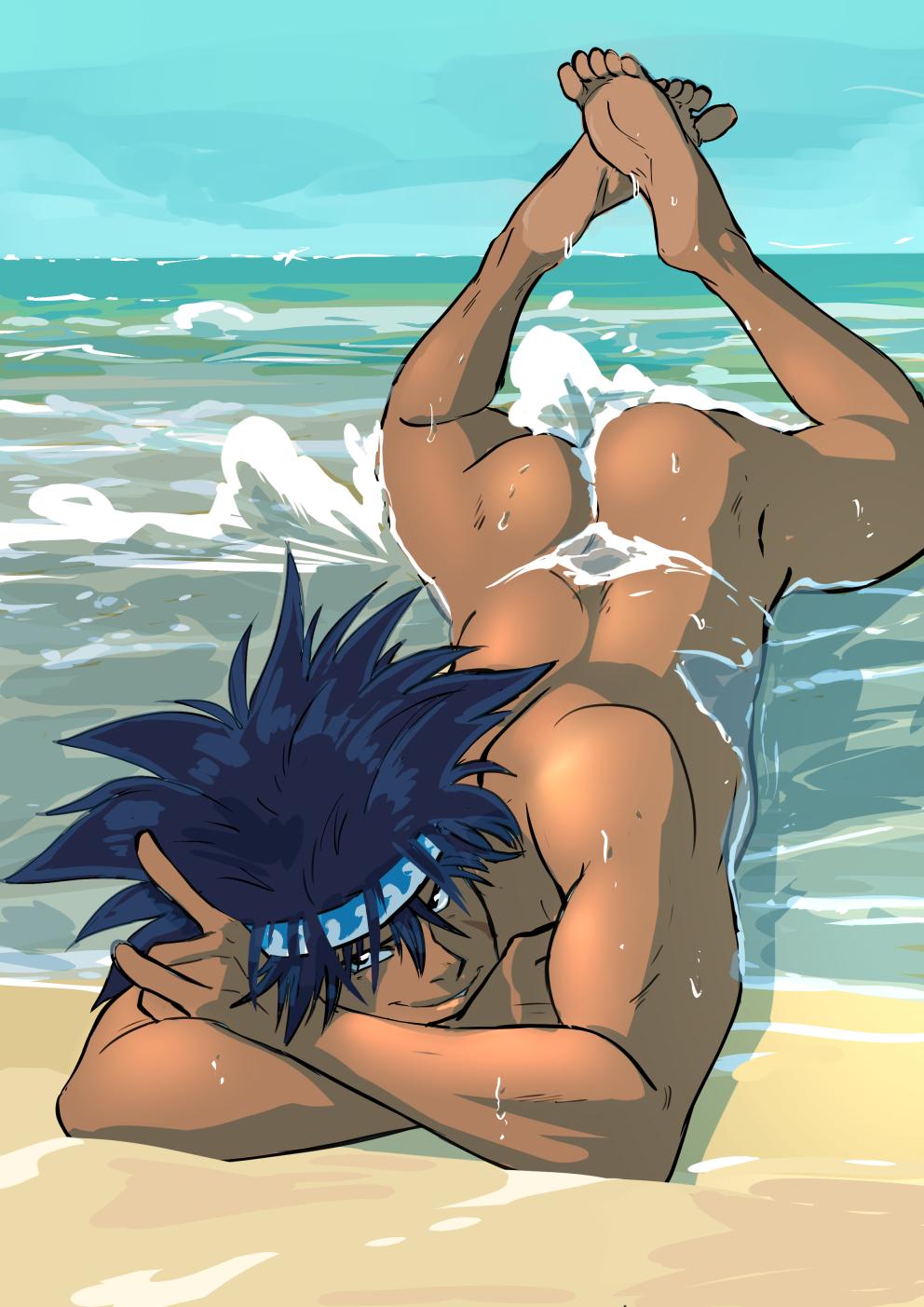 1boy ass beach booty_electric color feet feet_up headband kajiki_ryouta laying_down looking_at_viewer mako_tsunami male male_focus male_only muscular muscular_male naked nude nude_male on_stomach outdoors outside sand solo solo_focus solo_male water yu-gi-oh!