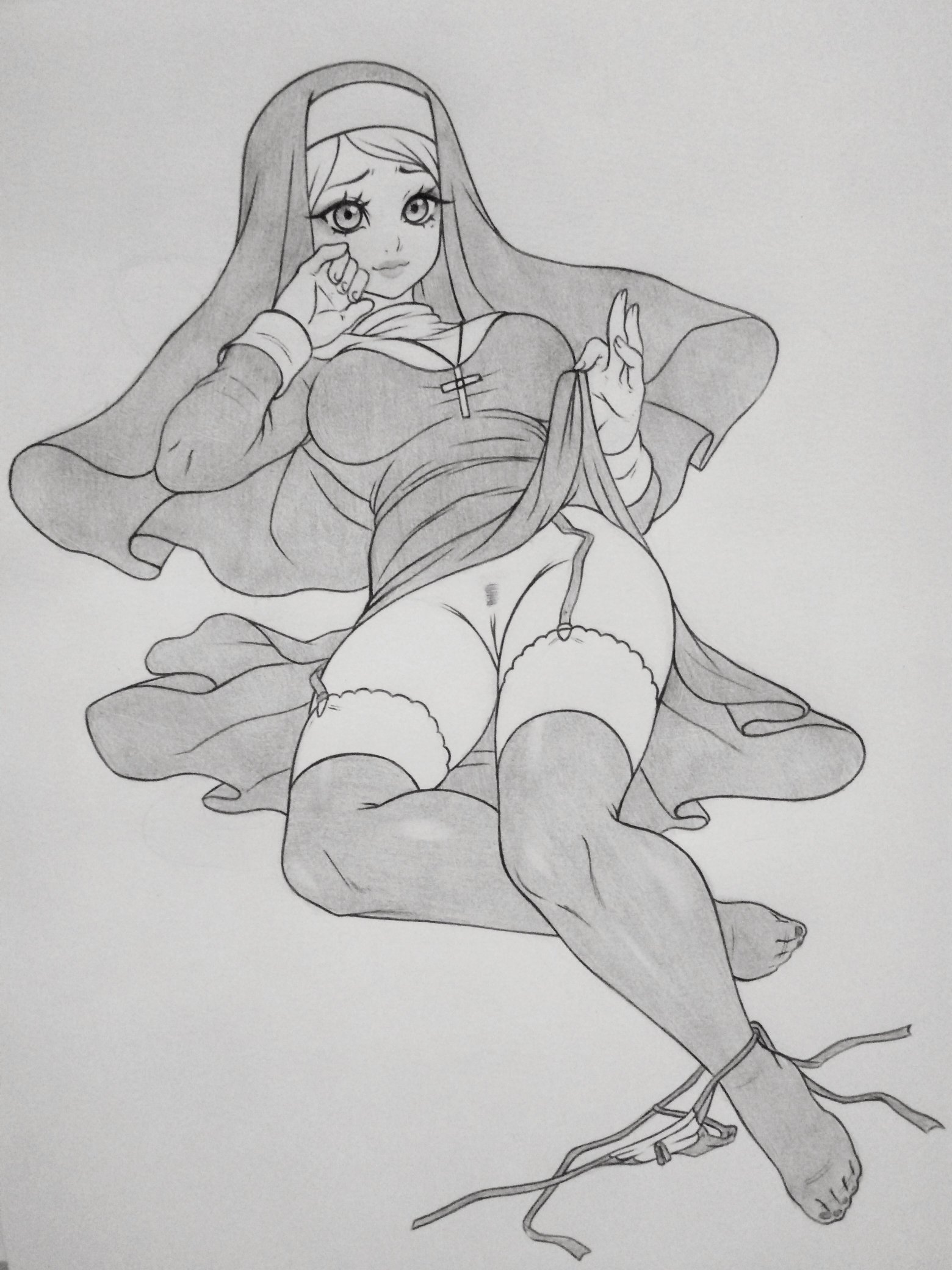 big breasts, black and white, black clover, breasts, clothed, female, female human, human, lifting clothing, lily aquaria, lingerie, looking at viewer, luenartt, lying on back, monochrome, nun, nun outfit, panties, pussy, revealing pussy, shounen jump, showing pussy, simple background, solo, thick thighs, vagina, veil