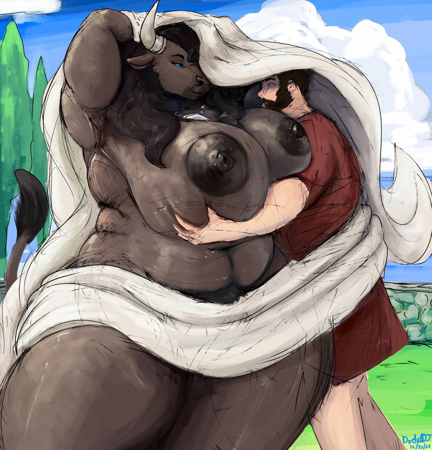 1boy 1girls 2022 armpits beard big_breasts big_nipples bigger_female blue_eyes bovid bovine bovine_humanoid breasts brown_body brown_fur brown_hair cow_tail crotch_tuft doctordj furry gigantic_breasts greek_mythology horns hug huge_breasts huge_nipples hugging_breasts looking_at_partner minotaur minotaur_female navel nihea_avarta nipples overweight smaller_male