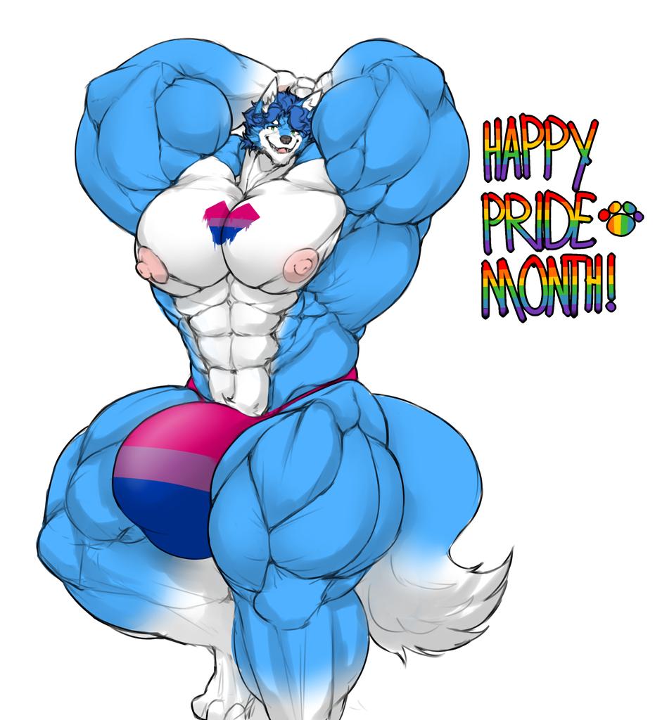 2020 anthro big_bulge big_muscles bisexual_pride_colors blue_hair bulge canid canine clothing english_text flexing hair huge_bulge huge_muscles hyper hyper_bulge hyper_muscles lgbt_pride looking_at_viewer male male_only mammal mark_(marvolk) marvolk multicolored_fur muscular muscular_anthro muscular_male nipples plantigrade pride_colors simple_background solo text underwear white_background