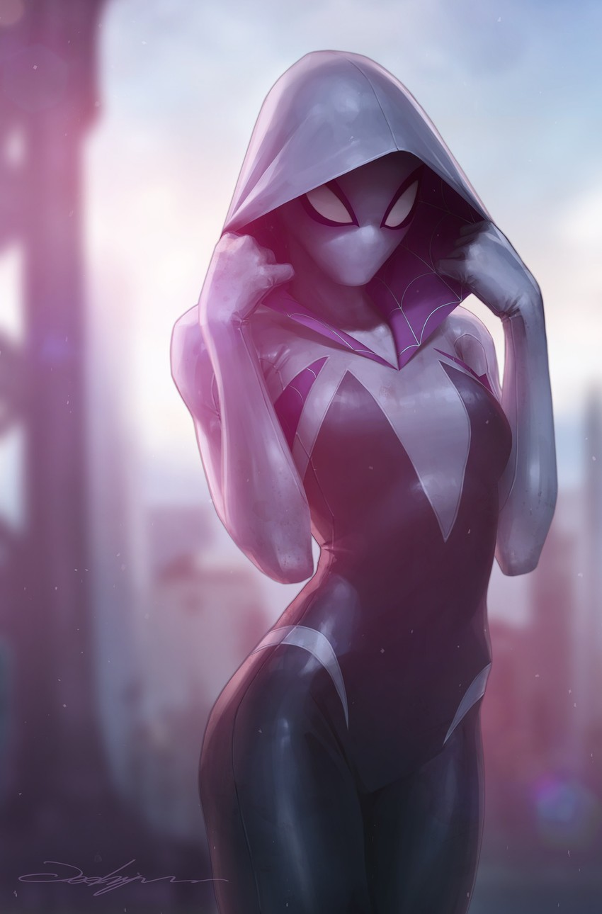 1girls, 2020, blonde, blue eyes, bodysuit, female, female only, gwen stacy, hoodie, jee-hyung lee, marvel, marvel comics, png, sci-fi, science fiction, scifi, signature, solo, solo female, spider-gwen, spider-man (series), tagme, tight clothing, tights