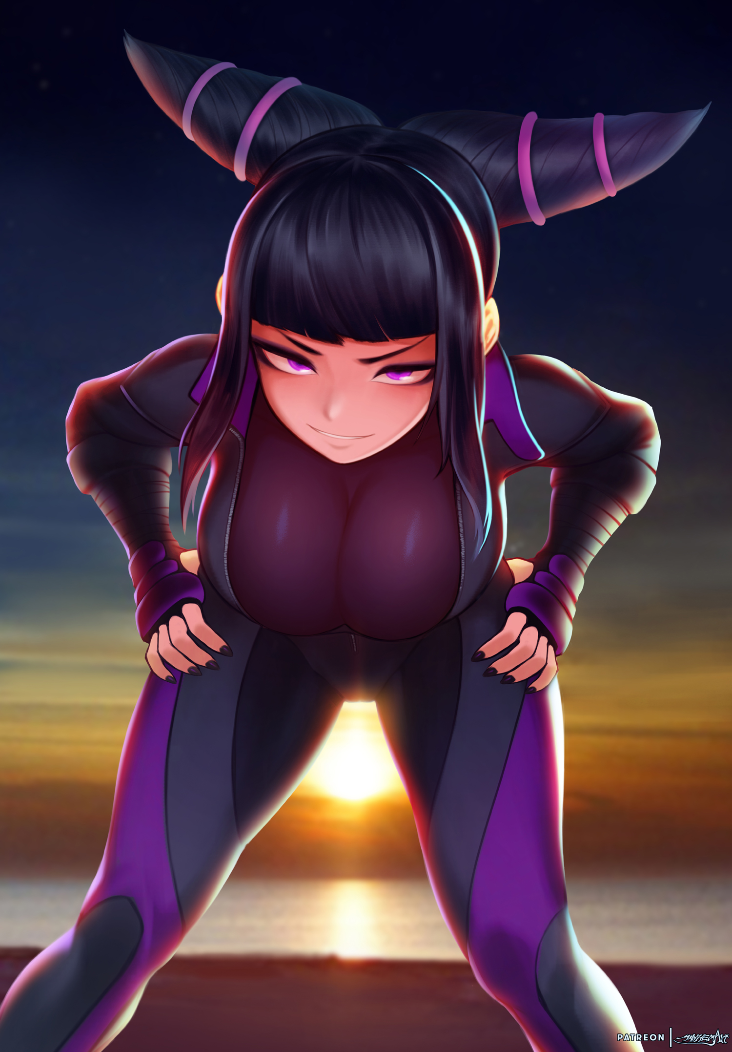 1girls, backlighting, bangs, beach, bent over, black hair, black nails, blunt bangs, blush, bodysuit, breasts, capcom, clothed, clouds, curvy, drill hair, eyeliner, female, female only, hands on hips, highres, human, juri han, large breasts, leaning forward, mayhem (artist), nail polish, outdoors, pink eyes, sidelocks, sky, smile, smirk, solo, street fighter, street fighter v, sunset, twin drills