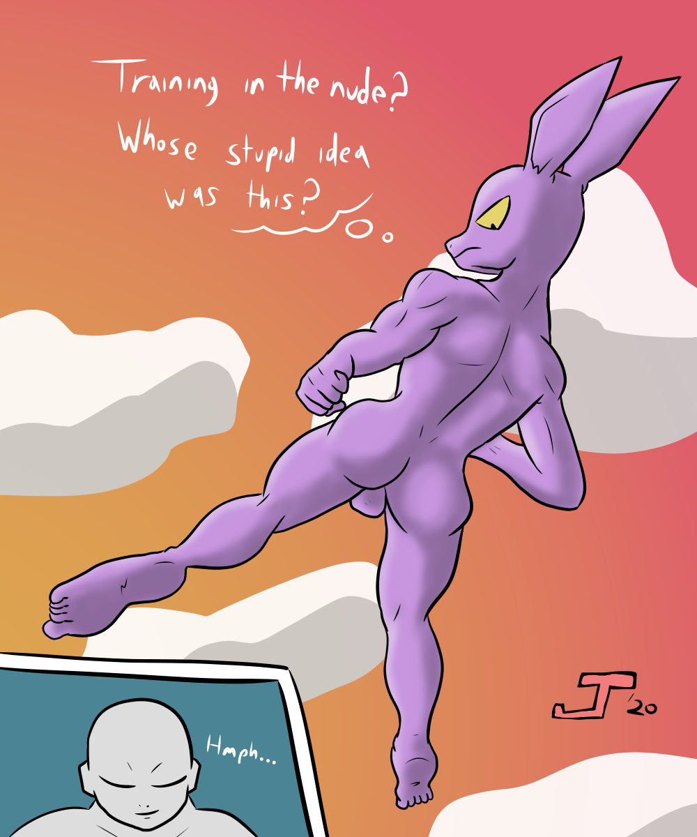 alien anthro ass balls duo dyspo genitals grey_body grey_skin hi_res jiren juspirizor kick lagomorph leporid looking_back male male/male male_only mammal nude purple_body purple_skin rabbit red_sky sky