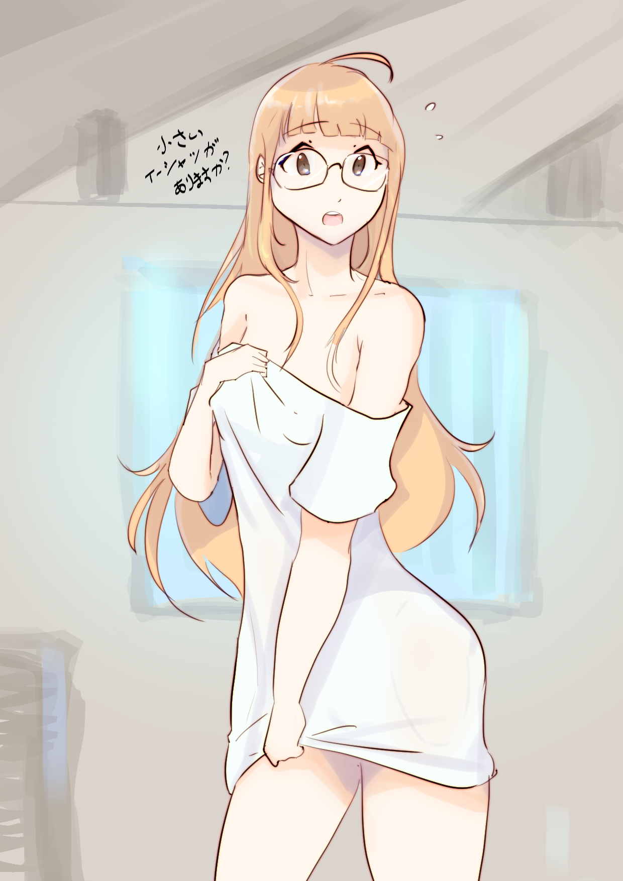 1girls, 9 9bird, atlus, bottomless, breasts, covering breasts, covering crotch, cute, embarrassed, female, glasses, long hair, orange hair, persona, persona 5, sakura futaba, solo, surprised, wide eyed