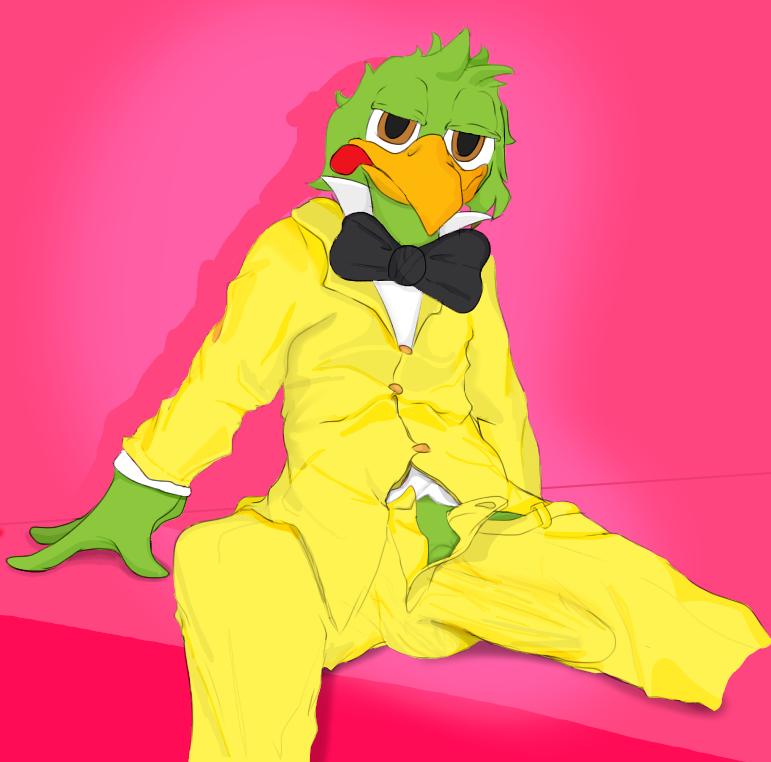 2020 anthro avian beak bird bulge clothed clothing disney erection erection_under_clothing feathers genitals green_body green_feathers jose_carioca male male_only parrot posnno simple_background solo the_three_caballeros tongue tongue_out