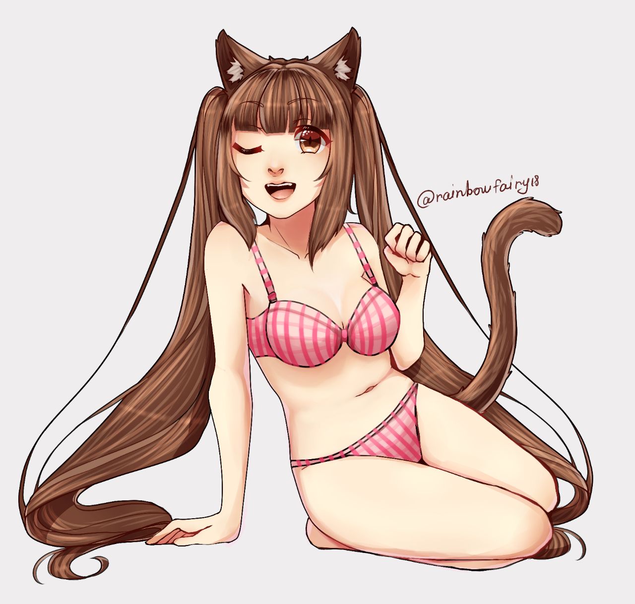 animal_ears brassiere brown_hair cat_ears cat_smile cat_tail catgirl chocola_(sayori) eroge eyebrows_visible_through_hair female female_only long_hair looking_at_viewer low_twintails medium_breasts neko nekopara one_eye_closed one_eye_open open_mouth panties rainbow_fairy18 sitting smile solo_female twintails underclothes underwear very_long_hair