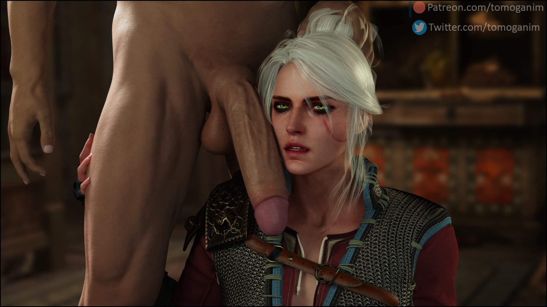 1girls, 3d, abs, big penis, cd projekt red, ciri, clothed female, eyeshadow, female, female focus, green eyes, imminent fellatio, imminent oral, kneeling, large penis, light skin, light-skinned male, long penis, looking at viewer, male, mascara, naughty face, penis, penis on face, pulling hair, runny makeup, scar, skinny, slim, tagme, the witcher, the witcher (series), the witcher 3: wild hunt, tied hair, tomoganim, white hair, witch