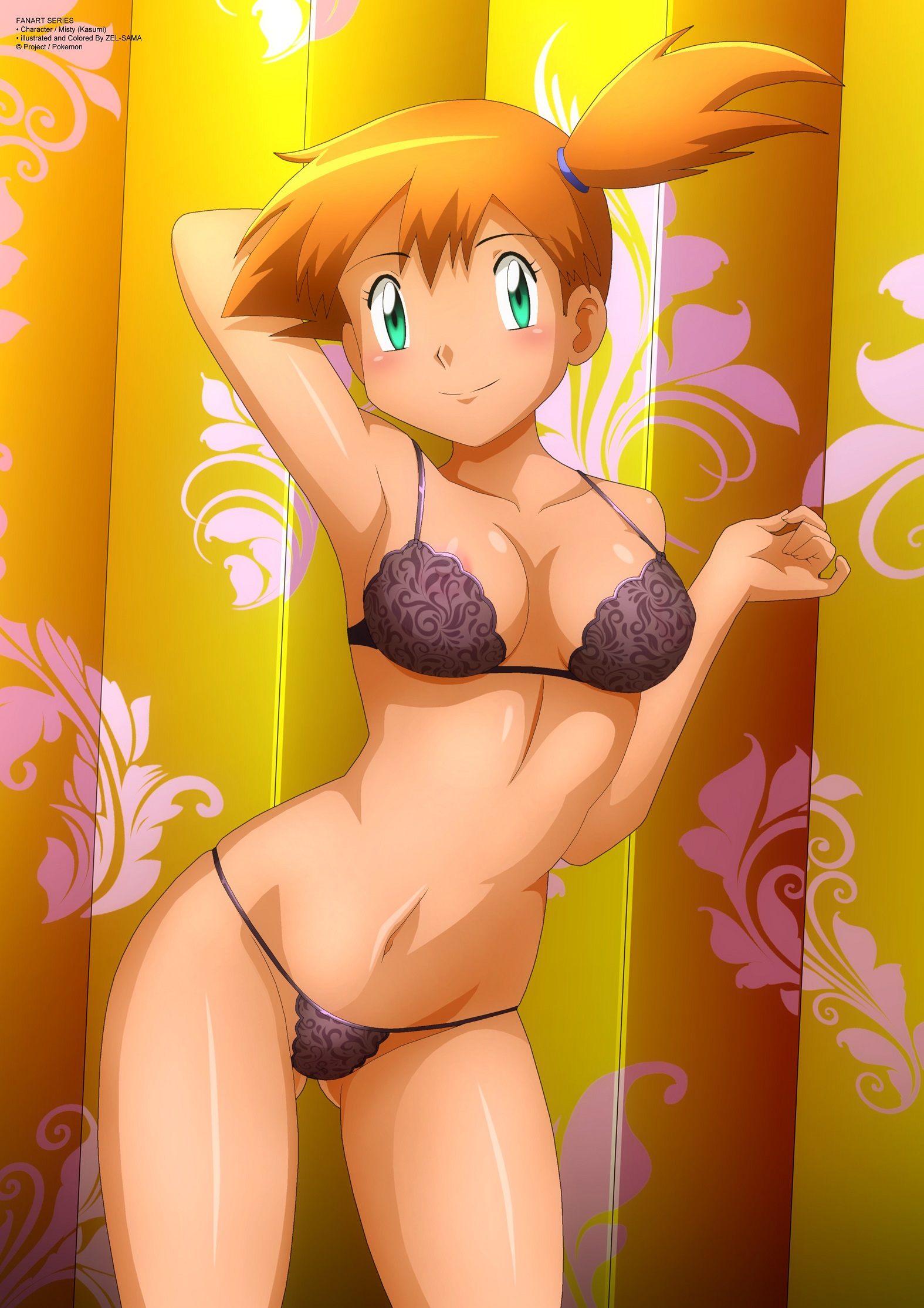 1girls, areolae, arm behind head, armpit, ass, bare shoulders, belly, black bra, black panties, blush, bra, breasts, curtains, detailed background, erect nipples, eyelashes, female, female only, game freak, green eyes, hair ornament, hand on head, highres, human, human only, indoors, kasumi (pokemon), lace-trimmed bra, lace-trimmed panties, lingerie, looking at viewer, midriff, naked, navel, nintendo, nipples, nude, orange background, orange hair, orange-haired female, panties, pokemon, pokemon rgby, ponytail, pussy, shiny skin, short hair, side ponytail, smile, solo, standing, text, thong, topless, underwear, url, vagina, watermark, wide hips, yellow background, zel-sama
