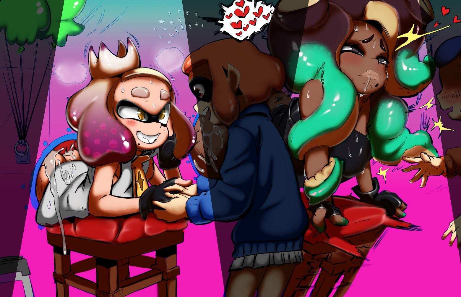 ass, blush, cum, female, hole in wall, inkling, inkling girl, male, marina (splatoon), nintendo, oddrich, pearl (splatoon), sex, splatoon, splatoon 2, straight