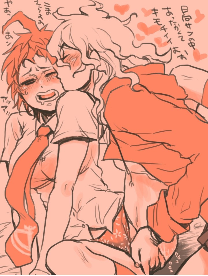 blushing, clothing, danganronpa, danganronpa 2: goodbye despair, eyes closed, eyes half open, female, female only, fingering, genderswap, genderswap (mtf), hinata hajime, japanese text, kissing, legs up, nagito komaeda, panties aside, rule 63, straight hair, yuri