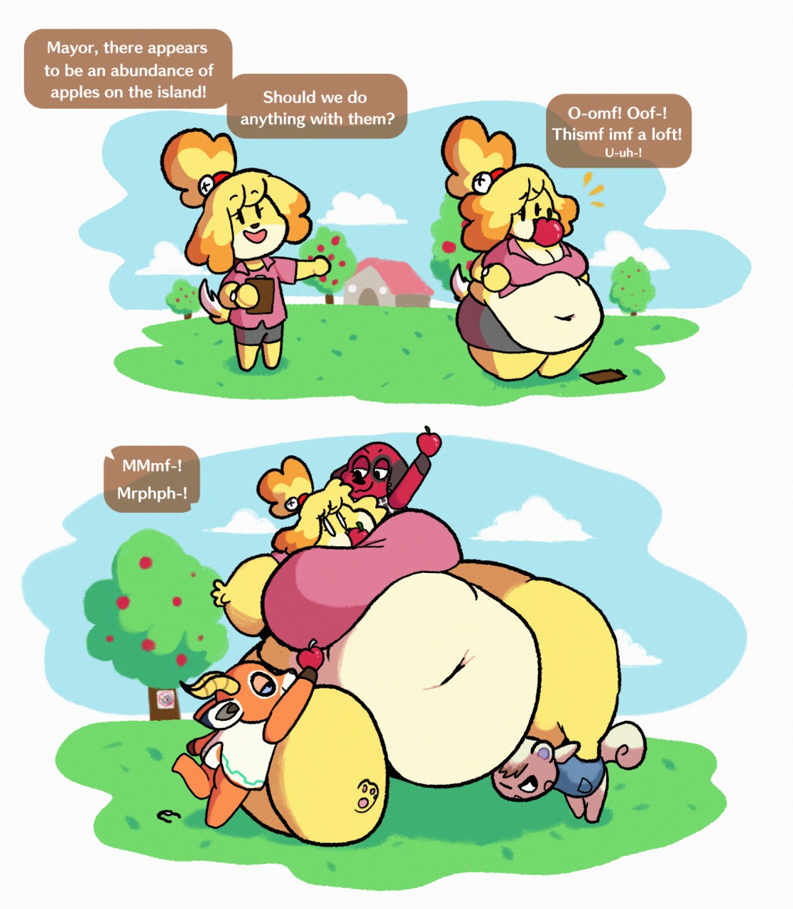 animal crossing, anthro, apple, beau (animal crossing), belly, big belly, big breasts, blonde hair, breasts, canine, cherry (animal crossing), deer, fat, fat thighs, female, force feeding, furry, hips, immobile, isabelle (animal crossing), large hips, lifting, marshal (animal crossing), nintendo, no pants, obese, skirt, squirrel, stallon, struggling, thick thighs, thighs, trees, weight gain, worried