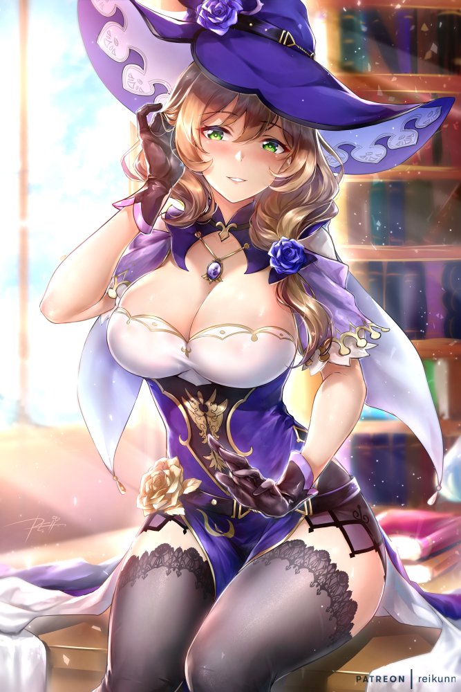 1girls, black gloves, black legwear, book, bookshelf, breasts, brown hair, capelet, cleavage, dress, female, genshin impact, gloves, gold trim, green eyes, hand up, hat, hips, large breasts, lisa (genshin impact), long hair, looking at viewer, mature female, milf, parted lips, pelvic curtain, purple dress, purple headwear, rei kun, sitting, slender waist, solo, thighhighs, thighs, witch, witch hat