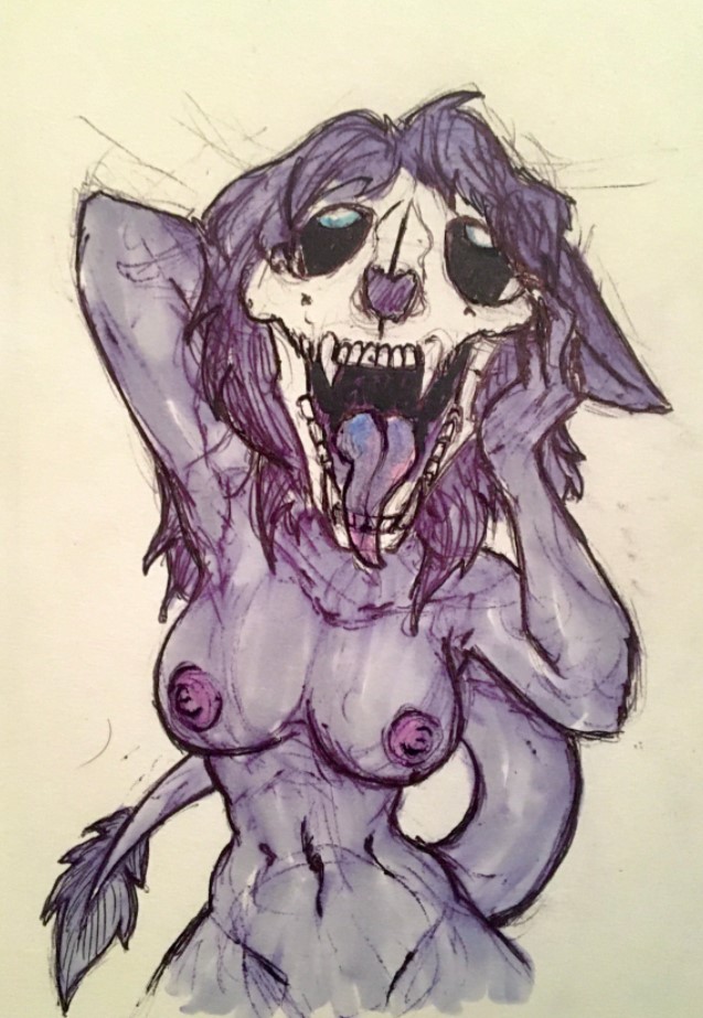 ahe_gao anthro bone breasts canid canine canis claws clothed clothing female looking_pleasured mal0 malo mammal marsh_(marshthemalo) scp-1471 scp-1471-a scp_foundation skull skull_head solo tongue topless topless_anthro topless_female traditional_media_(artwork) victordantes wolf