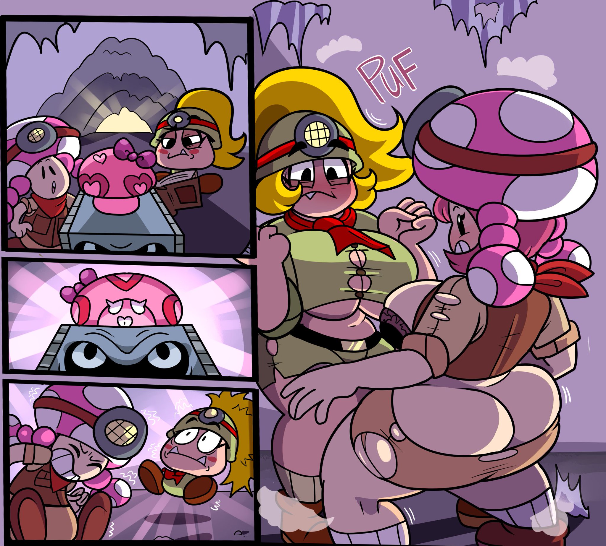 2girls, ass, ass cleavage, ass crack, ass expansion, blush, bra, breast expansion, breast growth, breast growth (enlargement), breasts, butt crack, captain toad treasure tracker, female, female only, goombella, huge ass, huge breasts, humanized, mario (series), multiple females, multiple girls, nintendo, paper mario, paper mario: the thousand-year door, ripped clothing, ripped pants, superspoe, toadette, transformation