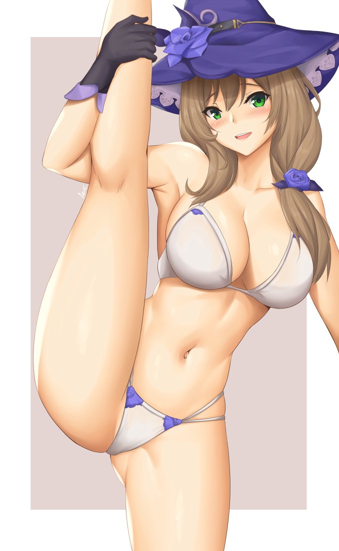 arciealbano bangs bikini blue_flower blush breasts brown_hair cleavage female female_only flexible flower genshin_impact gloves green_eyes hair_between_eyes hair_ornament hat large_breasts leg_lift leg_up lisa_(genshin_impact) long_hair looking_at_viewer mature_female medium_breasts milf navel open_mouth rose skindentation smile solo splits standing standing_on_one_leg stomach swimsuit thighs vertical_splits white_bikini witch witch_hat