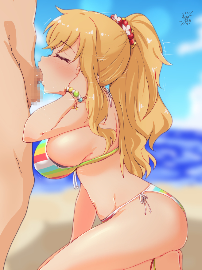 1boy adjusting_hair anklet ass barefoot beach beads bikini blonde_hair blurry blurry_background bracelet breasts censored closed_eyes cloud day eyebrows_visible_through_hair fellatio female from_side hair_beads hair_ornament idolmaster idolmaster_cinderella_girls jewelry kneeling large_breasts layered_bikini long_eyelashes long_hair mosaic_censoring ocean ootsuki_yui oral outdoors ponytail saliva side-tie_bikini sideboob signature sky swimsuit watabonten