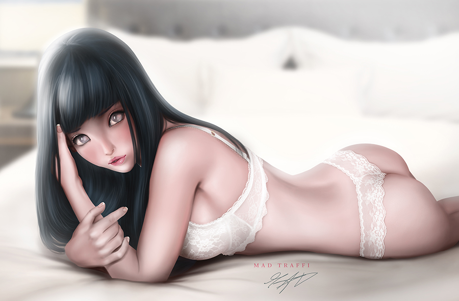 1girls, ass, bed, black hair, blush, female, female only, hyuuga hinata, lingerie, long hair, looking at viewer, lying, madtraffi29, naruto, naruto (series), naruto: the last, on bed, on stomach, posing, underwear, violet eyes